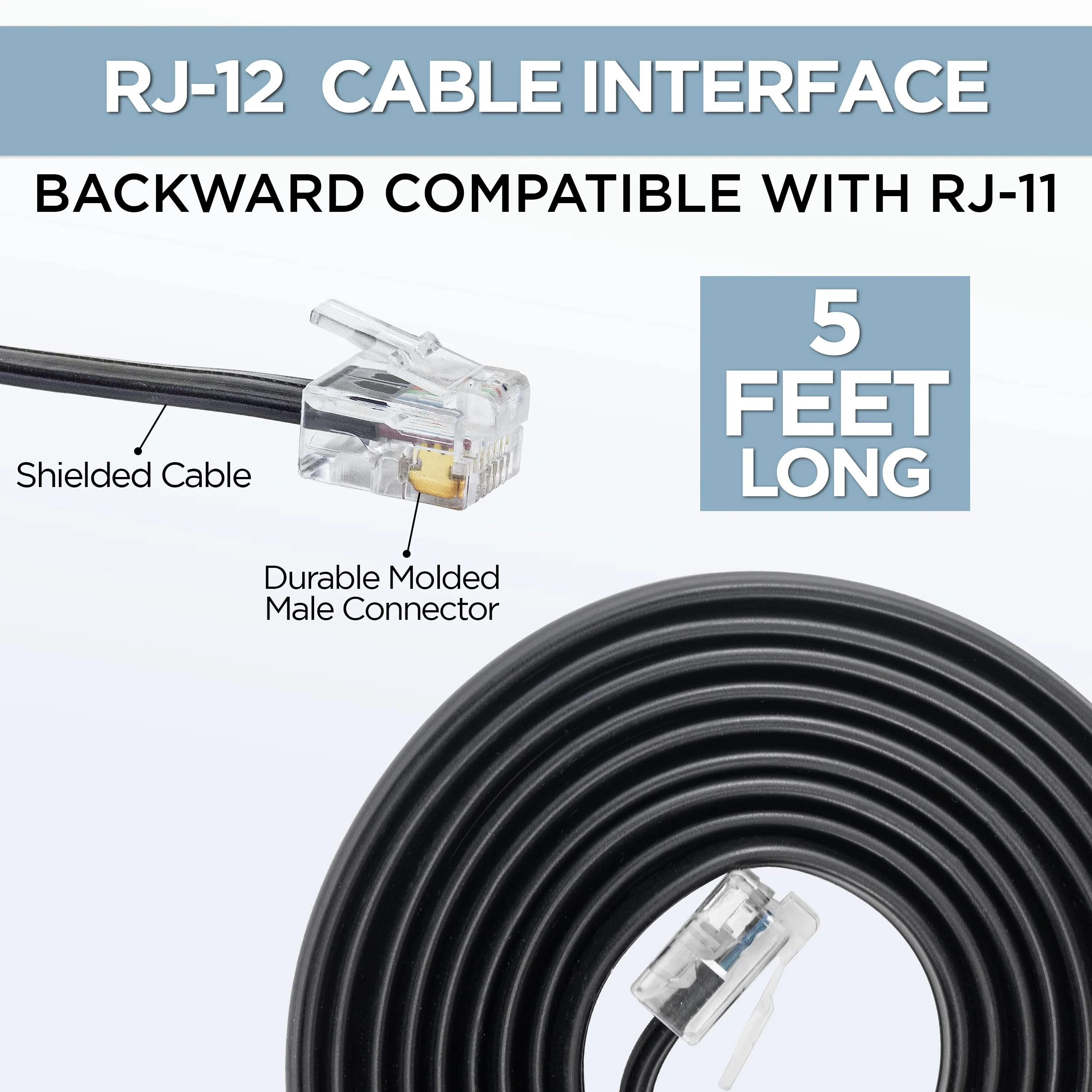 Volcora 5 Feet RJ11 / RJ12 Data Cable - Heavy Duty 6-Pins High-Speed Extension for Cash Register Drawer, Telephone, Modem, Fax, Printers, and More - Drawer Cable for Voice and Data 1 5 ft - Image 2