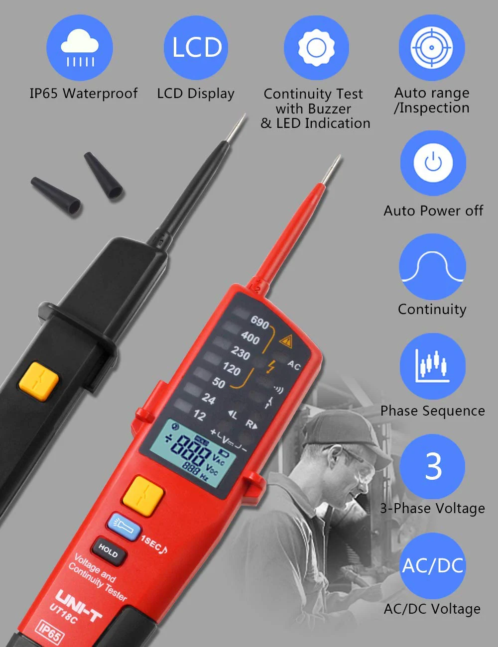 Voltage Tester UNI-T Multifunction Waterproof Digital Voltage Meter Voltmeter Voltage Tester 12V~690V AC/DC Automatic Range LCD Display UT18C - Image 2