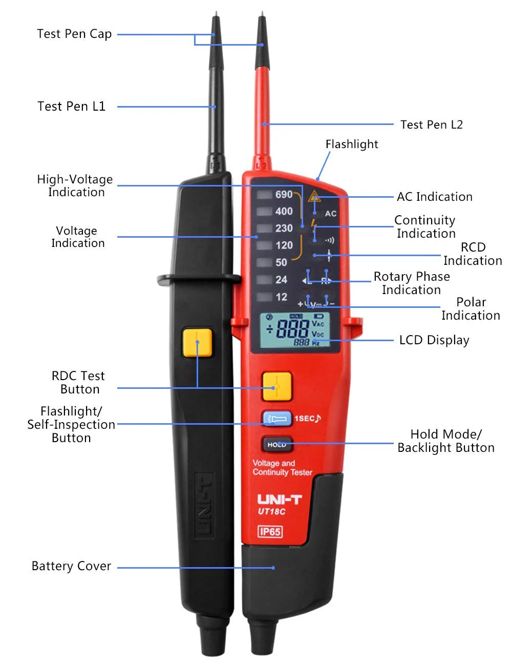 Voltage Tester UNI-T Multifunction Waterproof Digital Voltage Meter Voltmeter Voltage Tester 12V~690V AC/DC Automatic Range LCD Display UT18C - Image 3