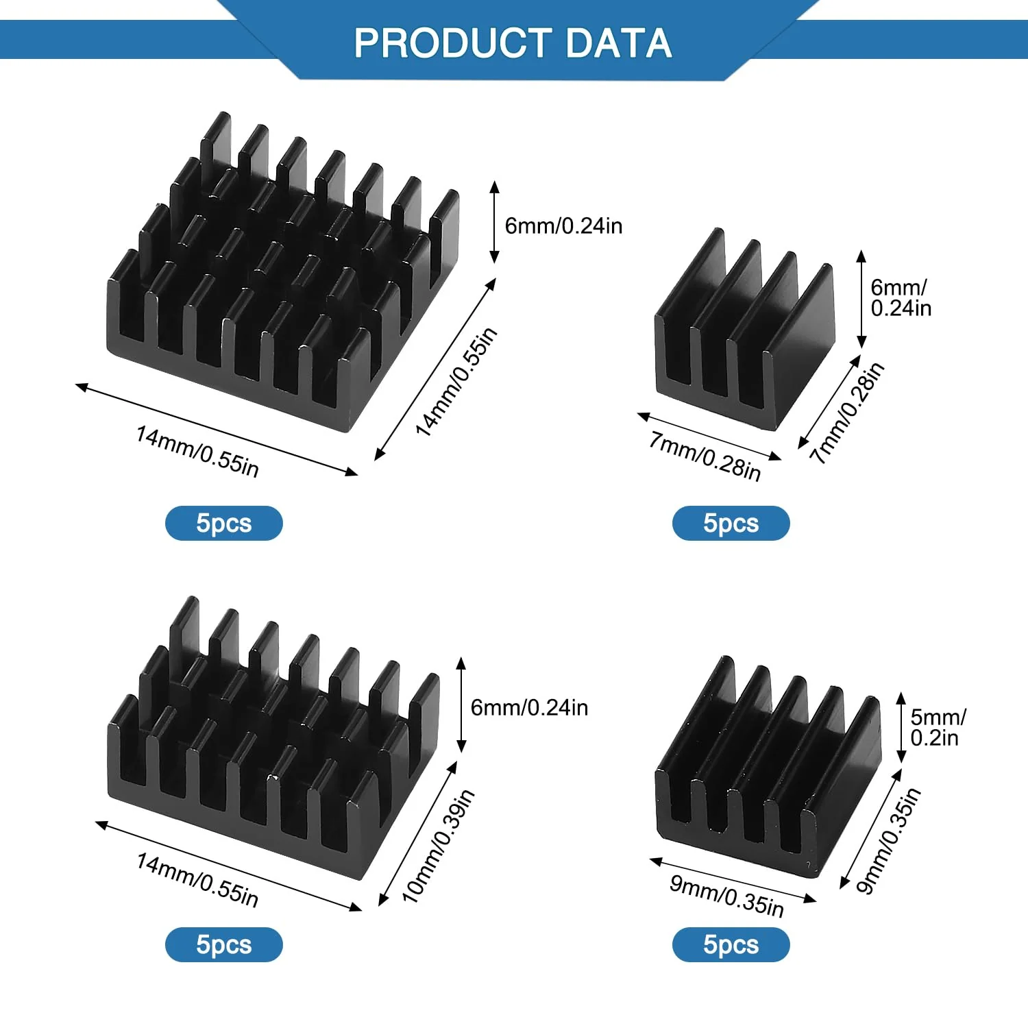 VooGenzek 20 Pieces Aluminium Heatsink Kit, Radiator Fin Heatsink, Heatsink, Cooler, with Heat-Conducting Special Adhesive Film, for Cooling Electronic Components, Black Black - Multiple Sizes - 20 Pieces - Image 2