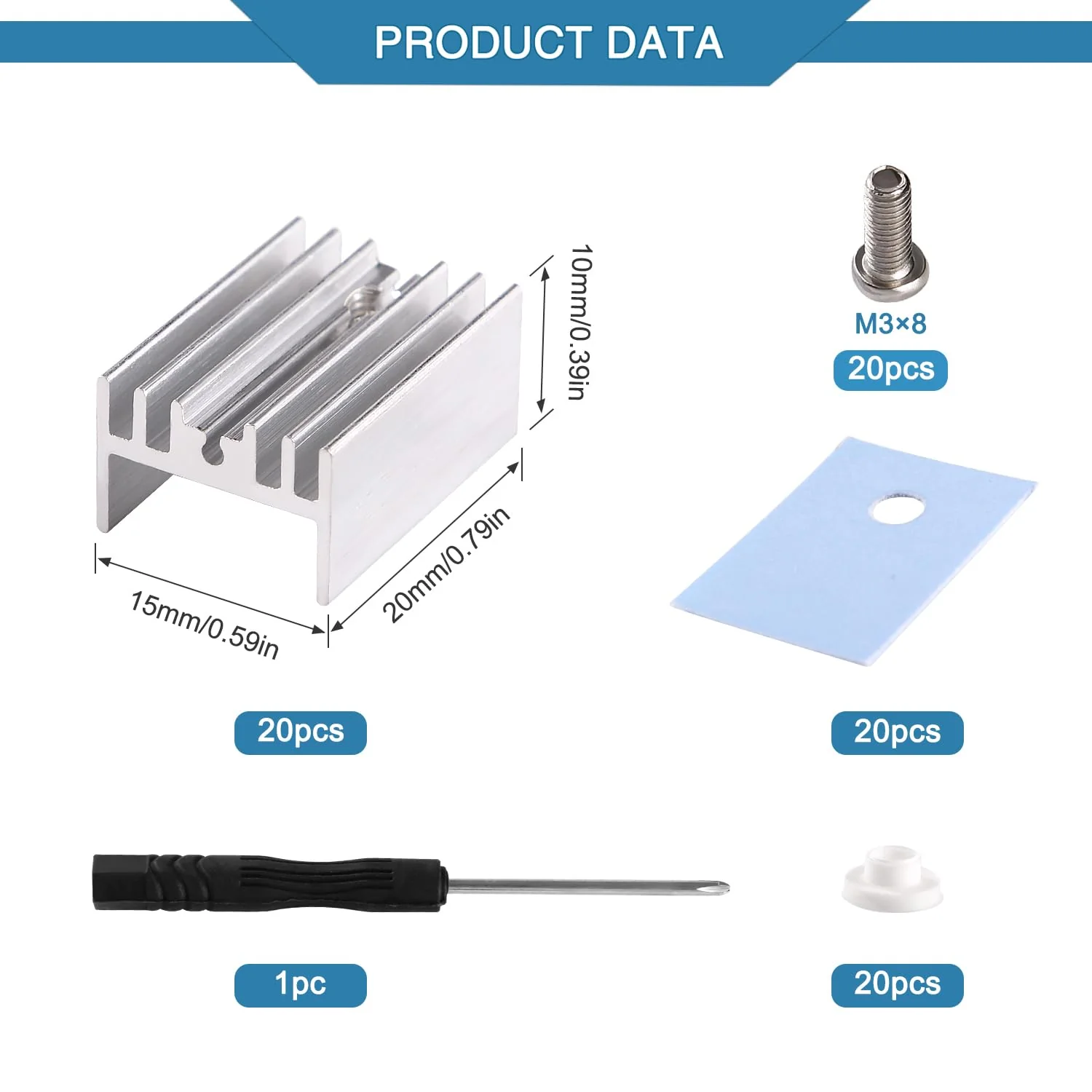 VooGenzek 20 Pieces TO-220 Heatsink and Insulator/Mounting Kits, Heatsink + Screw + Washer + Insulator Rubberised Silicone for TO-220 MOSFET Transistor, 20 x 15 x 10 mm Without needle - Image 2