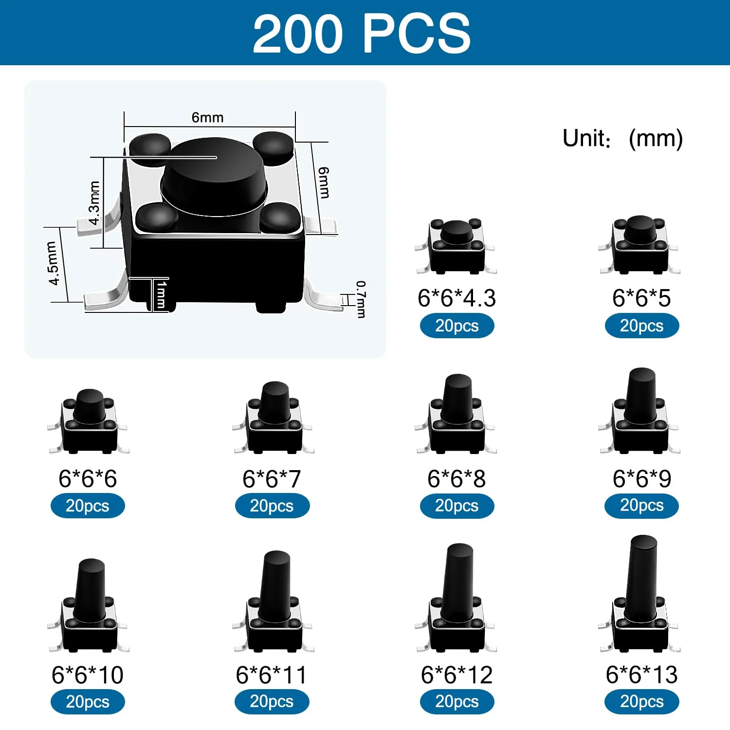VooGenzek 200 Pieces 10 Values Micro Momentary Tactile Push Button Switch, 6 x 6 mm Tactile Push Button Switch, Button Micro Tactile Switch Kit, Black 6x6mm - Black - 200pcs - Image 2