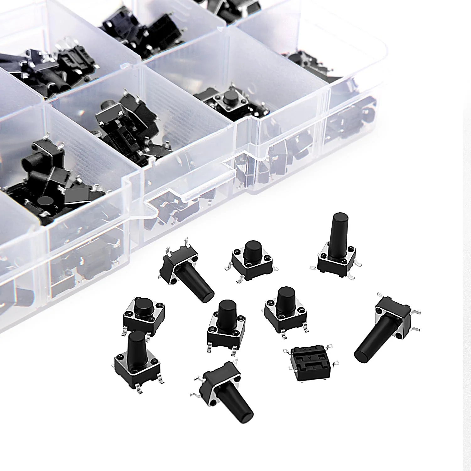 VooGenzek 200 Pieces 10 Values Micro Momentary Tactile Push Button Switch, 6 x 6 mm Tactile Push Button Switch, Button Micro Tactile Switch Kit, Black 6x6mm - Black - 200pcs - Image 3