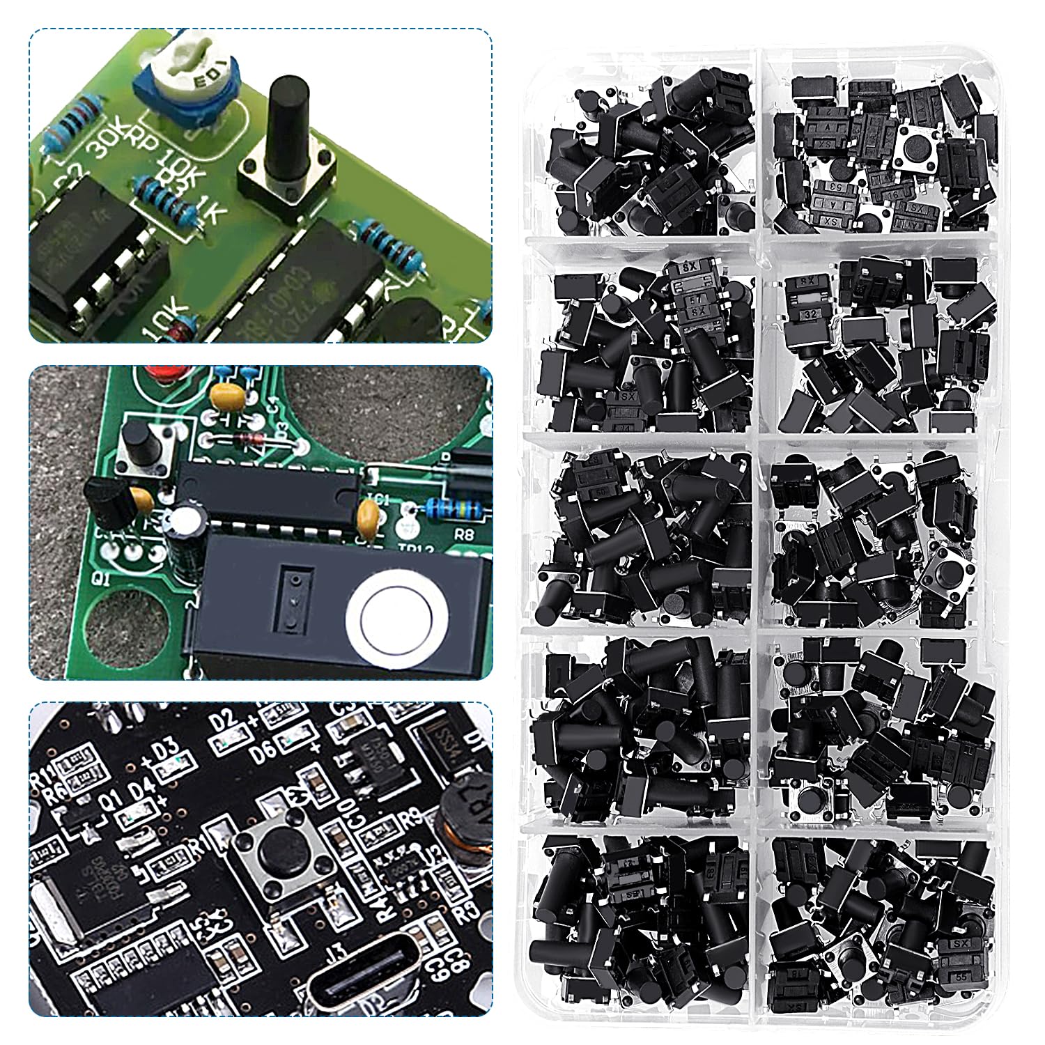 VooGenzek 200 Pieces 10 Values Micro Momentary Tactile Push Button Switch, 6 x 6 mm Tactile Push Button Switch, Button Micro Tactile Switch Kit, Black 6x6mm - Black - 200pcs - Image 4