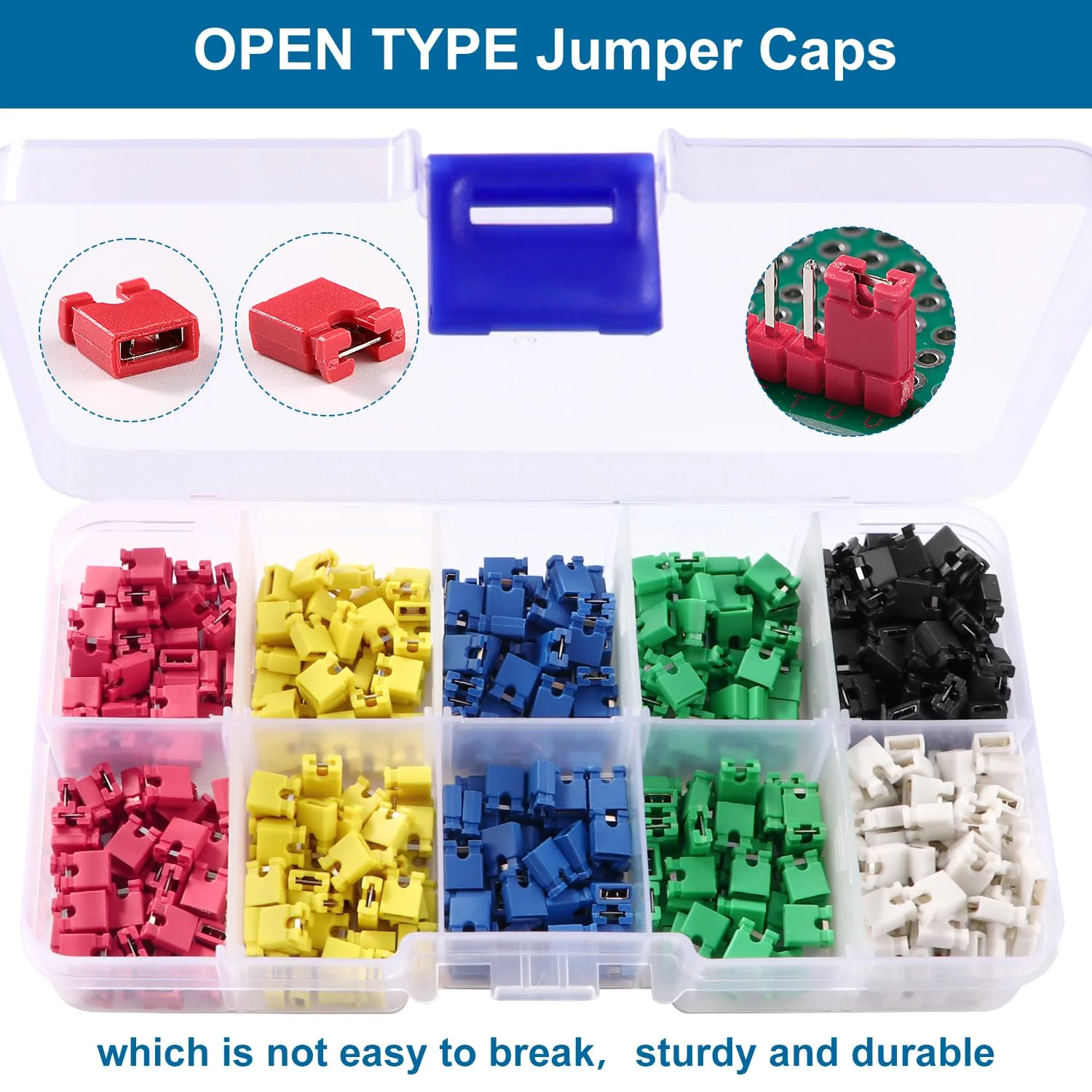 VooGenzek 600 Pieces 6 Colours 2.54 mm Computer Jumper Caps Shunts Short Circuit Cap, 2.54 mm Short Circuit Jumper Caps, Jumper Caps for PCB, 2-Terminal Open Top Jumper Cap, for Arduino PCB - Image 5