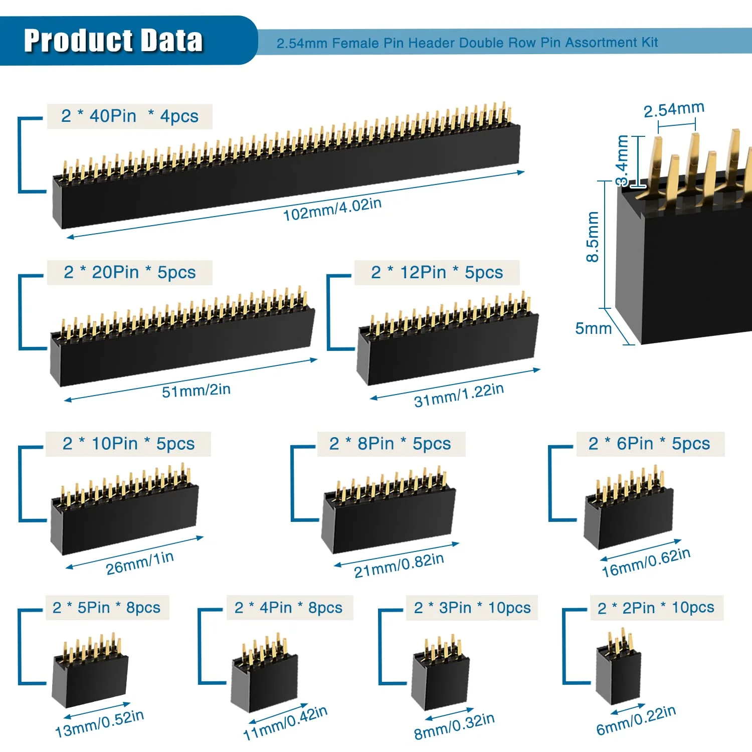VooGenzek Pack of 65 2.54 mm Female Pin Header Double Row Pin, Straight Single Row Board Female Pin Header Socket Connector Strip for Arduino Stackable Shield (2 x 2/3/4/5/6/8/10/12/20/40 Pin) 2/3/4/5/6/8/10/12/20/40 pin female - Image 2
