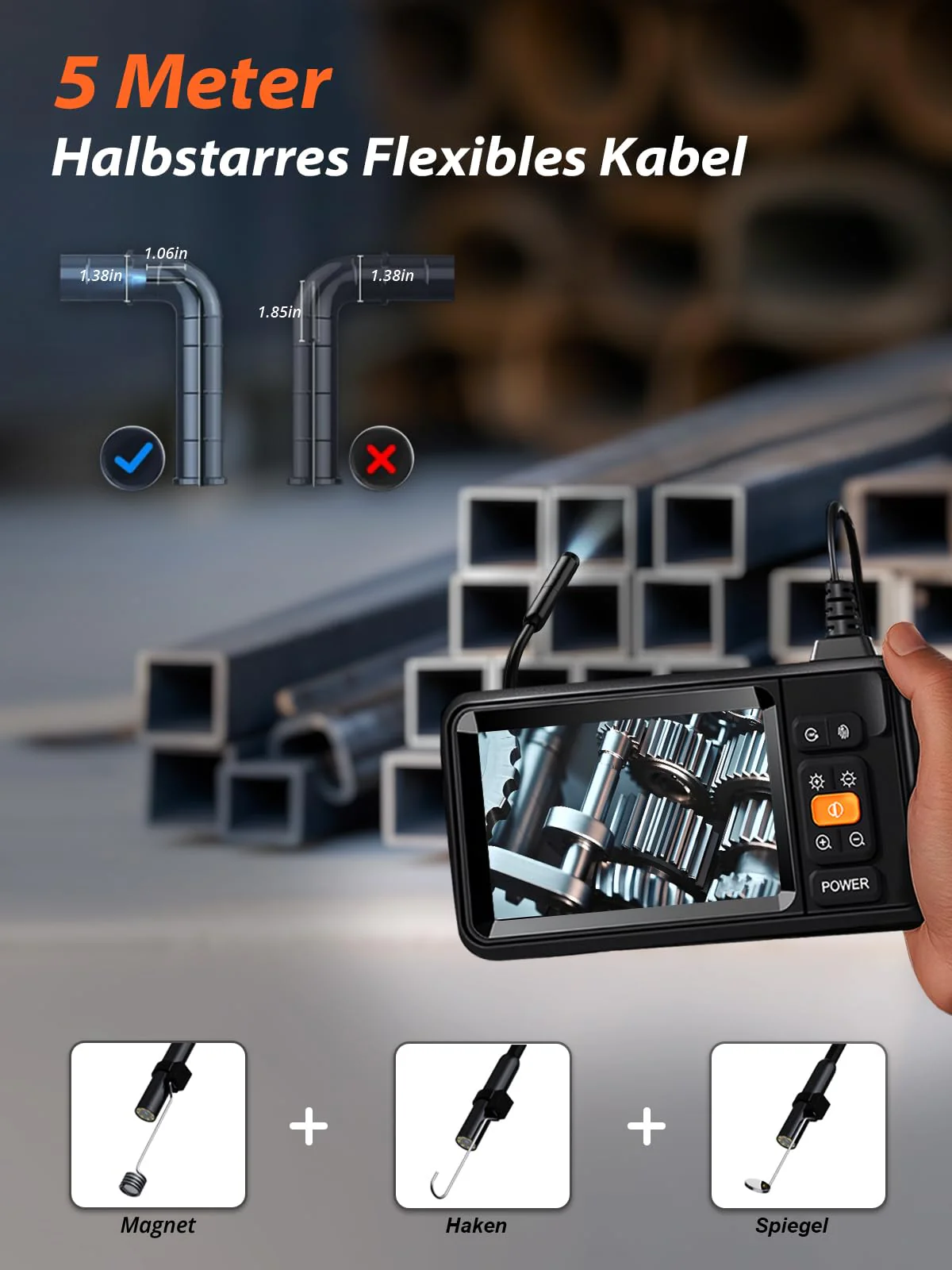 Vorth Endoscope Camera with Light, 4.3 Inch IPS Screen Inspection Camera with 8 LED Lights, 5 m Semi-Rigid Cable Endoscope Camera, IP67 Waterproof 1080P HD Tube Camera - Single Lens 5M-Single lens - Image 4