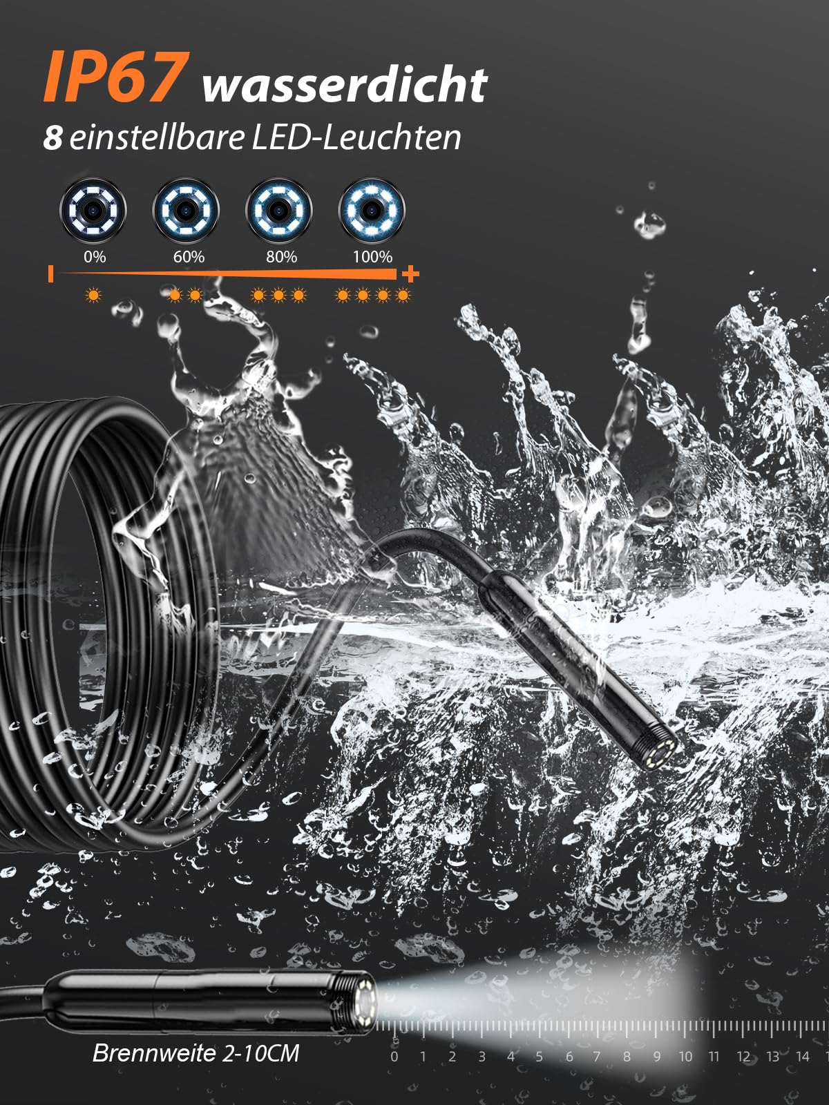 Vorth Endoscope Camera with Light, 4.3 Inch IPS Screen Inspection Camera with 8 LED Lights, 5 m Semi-Rigid Cable Endoscope Camera, IP67 Waterproof 1080P HD Tube Camera - Single Lens 5M-Single lens - Image 5