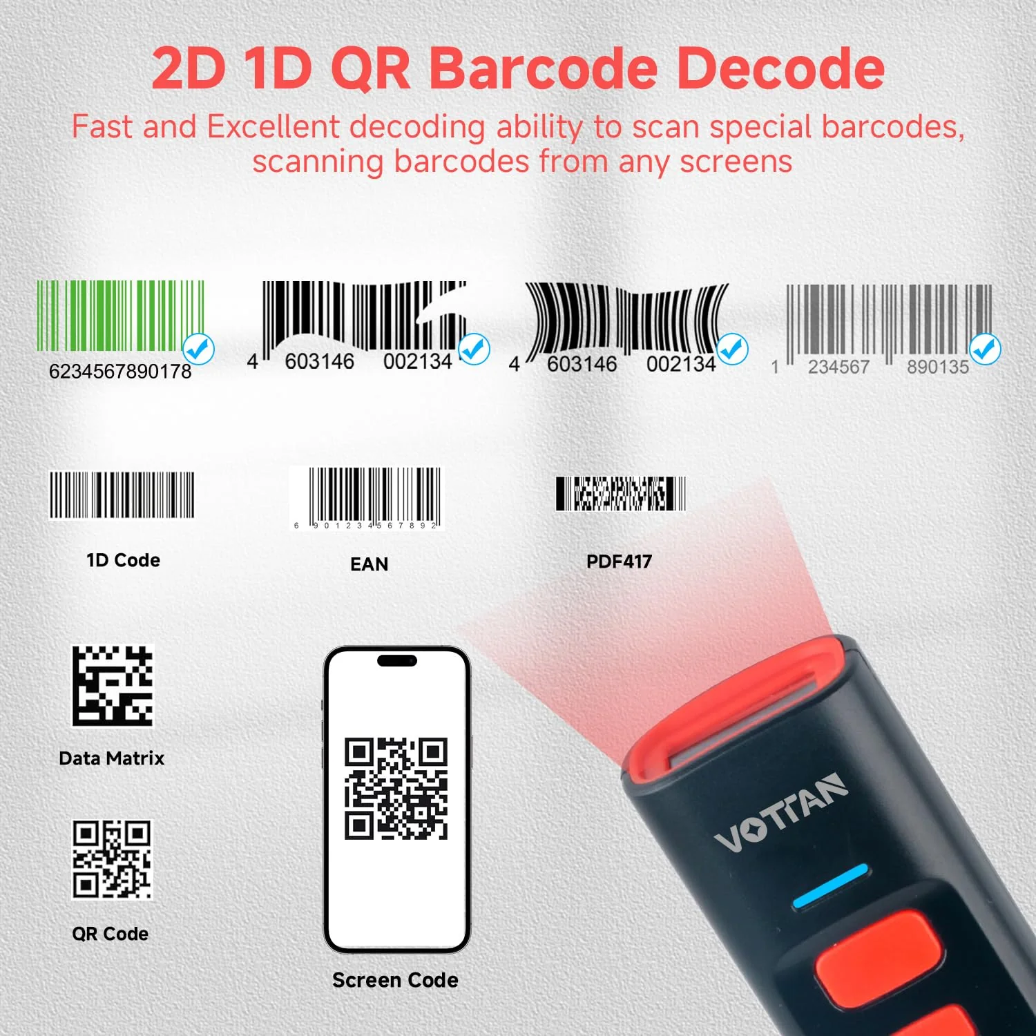 VOTTAN Bluetooth QR Barcode Scanner with Charge Stand, 1D 2D PDF417 UPC Pocket Bar Code Reader, 3-in-1 Rechargeable Automatic Scan Wireless Barcode Scanner for POS, PC, iOS, Android - Image 2