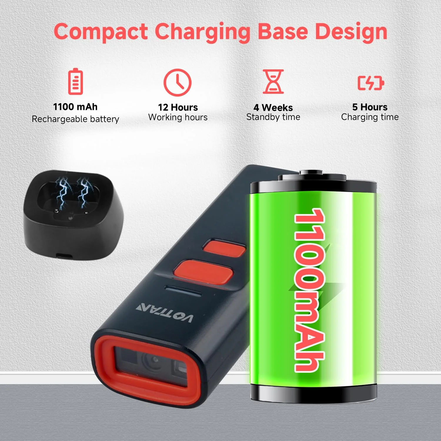 VOTTAN Bluetooth QR Barcode Scanner with Charge Stand, 1D 2D PDF417 UPC Pocket Bar Code Reader, 3-in-1 Rechargeable Automatic Scan Wireless Barcode Scanner for POS, PC, iOS, Android - Image 3