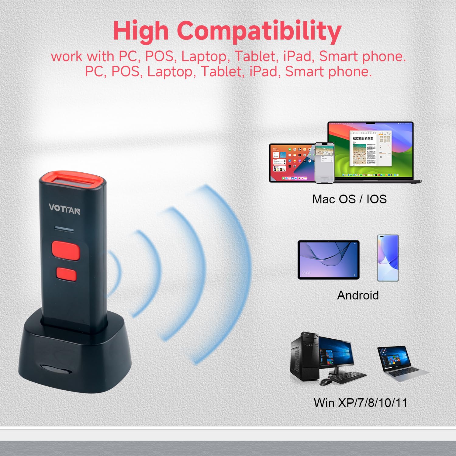 VOTTAN Bluetooth QR Barcode Scanner with Charge Stand, 1D 2D PDF417 UPC Pocket Bar Code Reader, 3-in-1 Rechargeable Automatic Scan Wireless Barcode Scanner for POS, PC, iOS, Android - Image 4