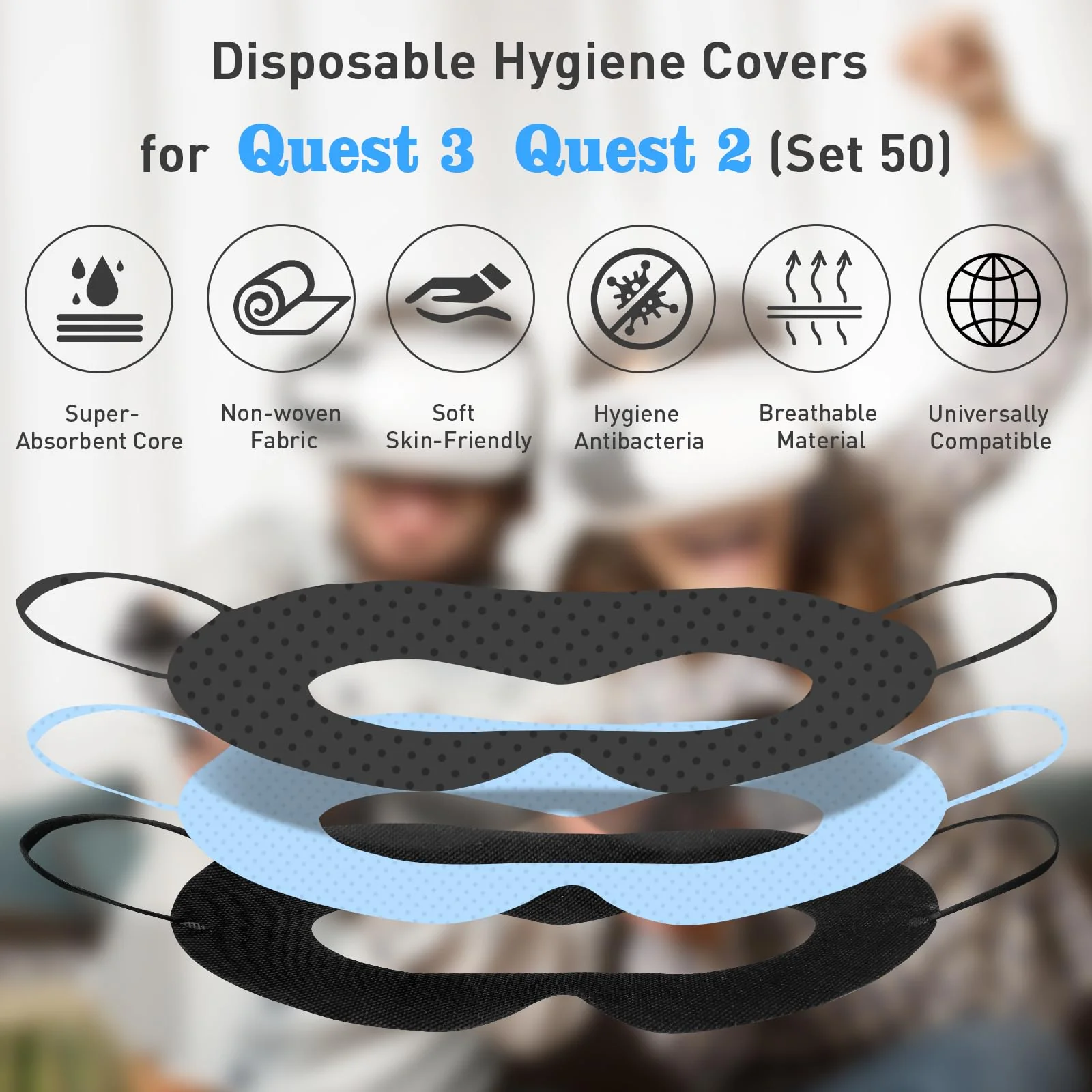 VR Face Cover Disposable Hygiene VR Face Eyes Mask Pads Facial Interface for Meta Quest 3 Quest 2, Accessories for Apple Vision Pro (Set 50, Black) VR Face Pad Cover Black - Image 3