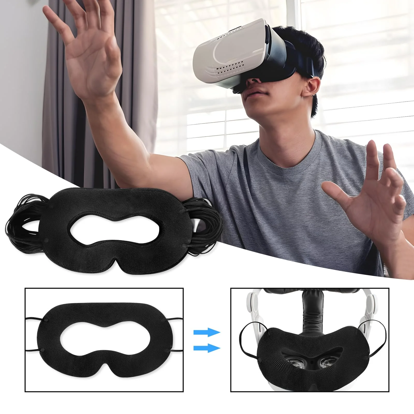 VR Face Cover Disposable Hygiene VR Face Eyes Mask Pads Facial Interface for Meta Quest 3 Quest 2, Accessories for Apple Vision Pro (Set 50, Black) VR Face Pad Cover Black - Image 7