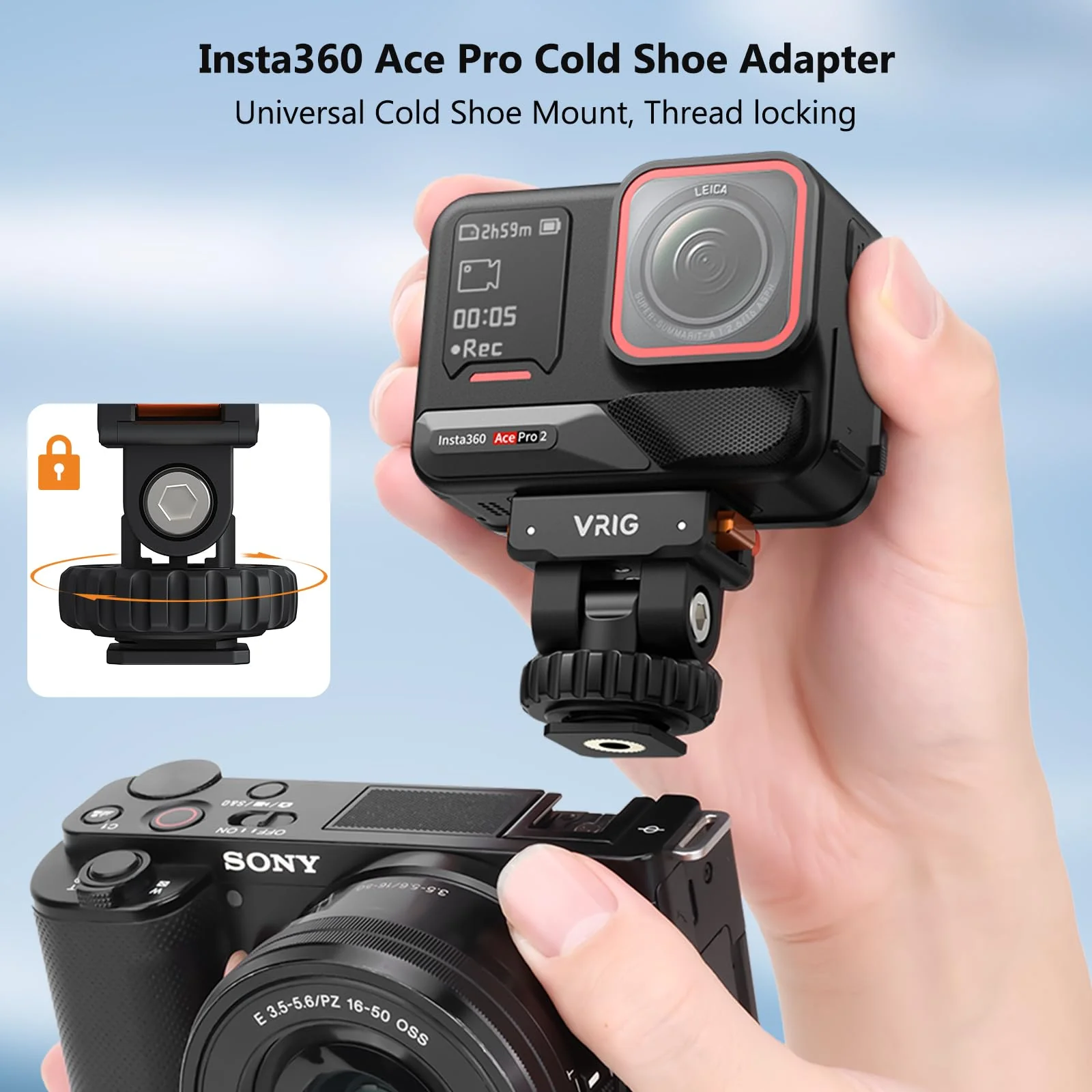 VRIG AC-44 Cold Shoe Adapter with Magnetic Quick Mount for Insta 360 Ace/Ace Pro 2, Action Camera Mount Adapter with 1/4" Thread Compatible DSLR Camera Hot Shoe, Tripod Accessories - Image 2