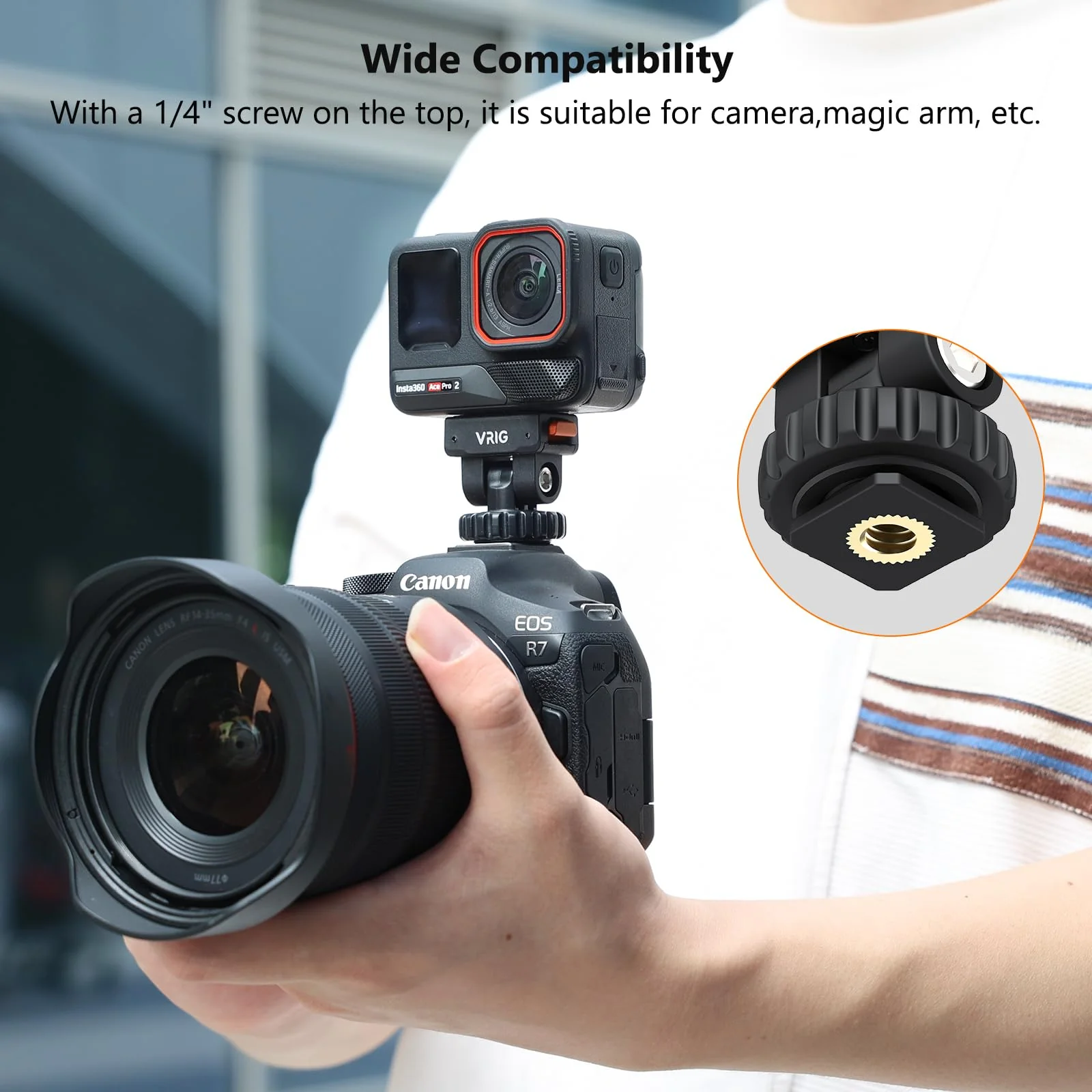 VRIG AC-44 Cold Shoe Adapter with Magnetic Quick Mount for Insta 360 Ace/Ace Pro 2, Action Camera Mount Adapter with 1/4" Thread Compatible DSLR Camera Hot Shoe, Tripod Accessories - Image 4