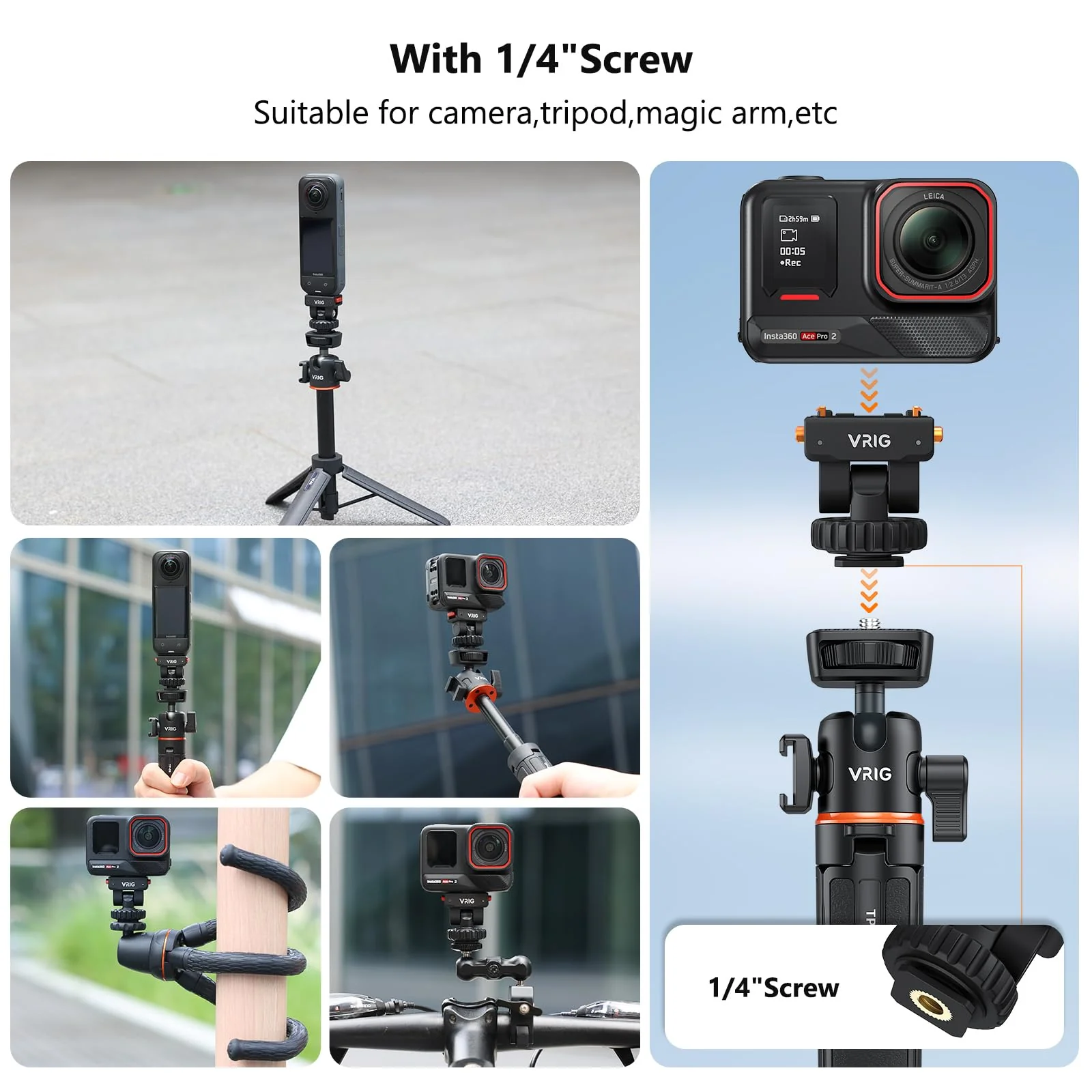 VRIG AC-44 Cold Shoe Adapter with Magnetic Quick Mount for Insta 360 Ace/Ace Pro 2, Action Camera Mount Adapter with 1/4" Thread Compatible DSLR Camera Hot Shoe, Tripod Accessories - Image 6