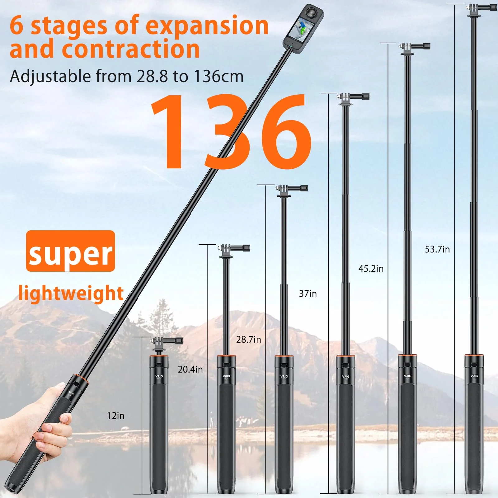 VRIG Extendable Selfie Stick Tripod for GoPro Max Hero 10 9 8 7 6 5 4, DJI Osmo Action, Insta 360 One R and More Action Camera（55.1''） 55.1'' - Image 2
