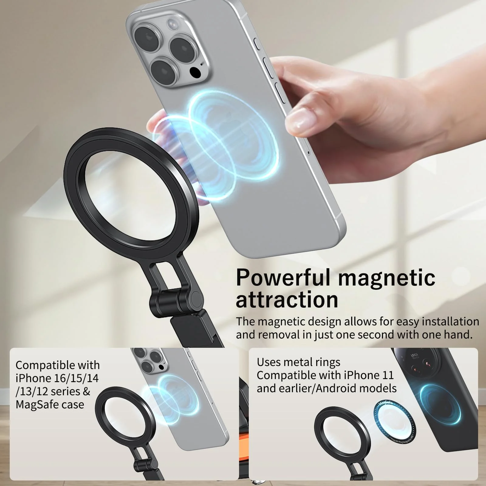 VRIG Phone Tripod Mount for MagSafe, Aluminum Magnetic Tripods Phone Mount Adapter with 1/4” Screw Thread & 3/8" for Magsafe Phone Adapter Compatible with iPhone 16 15 14 13 12 Series - Image 2