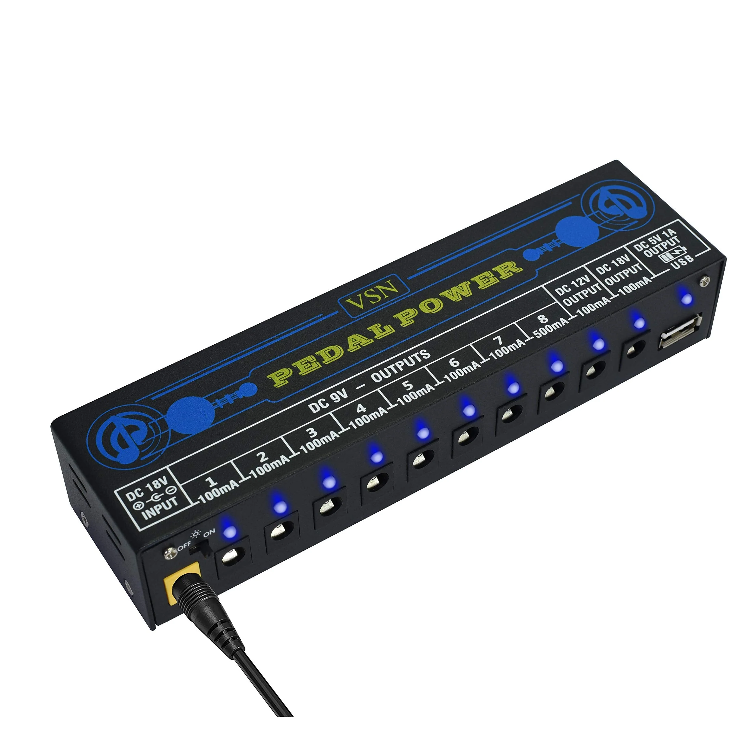 VSN Guitar Pedal Power Supply 10 Isolated DC Output for 9V/12V/18V Guitar Bass Effect Pedals with USB Ports Blue Power Supply - Image 2