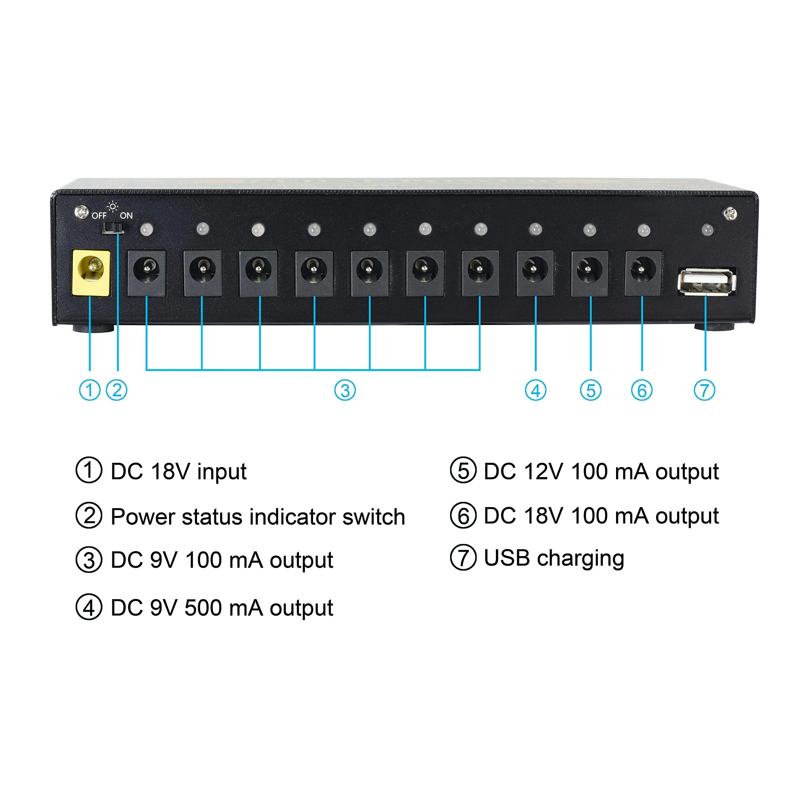 VSN Guitar Pedal Power Supply 10 Isolated DC Output for 9V/12V/18V Guitar Bass Effect Pedals with USB Ports Blue Power Supply - Image 3