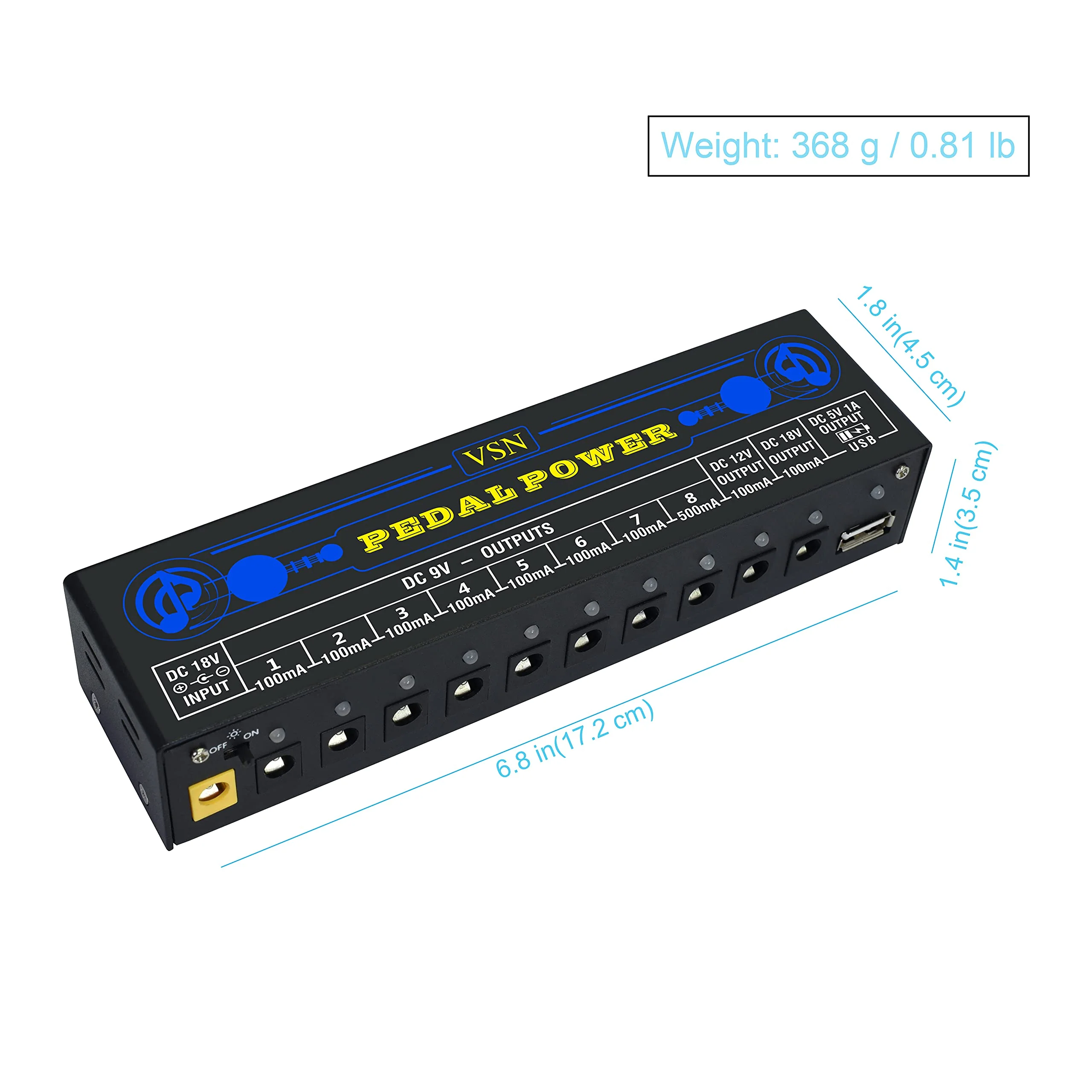 VSN Guitar Pedal Power Supply 10 Isolated DC Output for 9V/12V/18V Guitar Bass Effect Pedals with USB Ports Blue Power Supply - Image 5