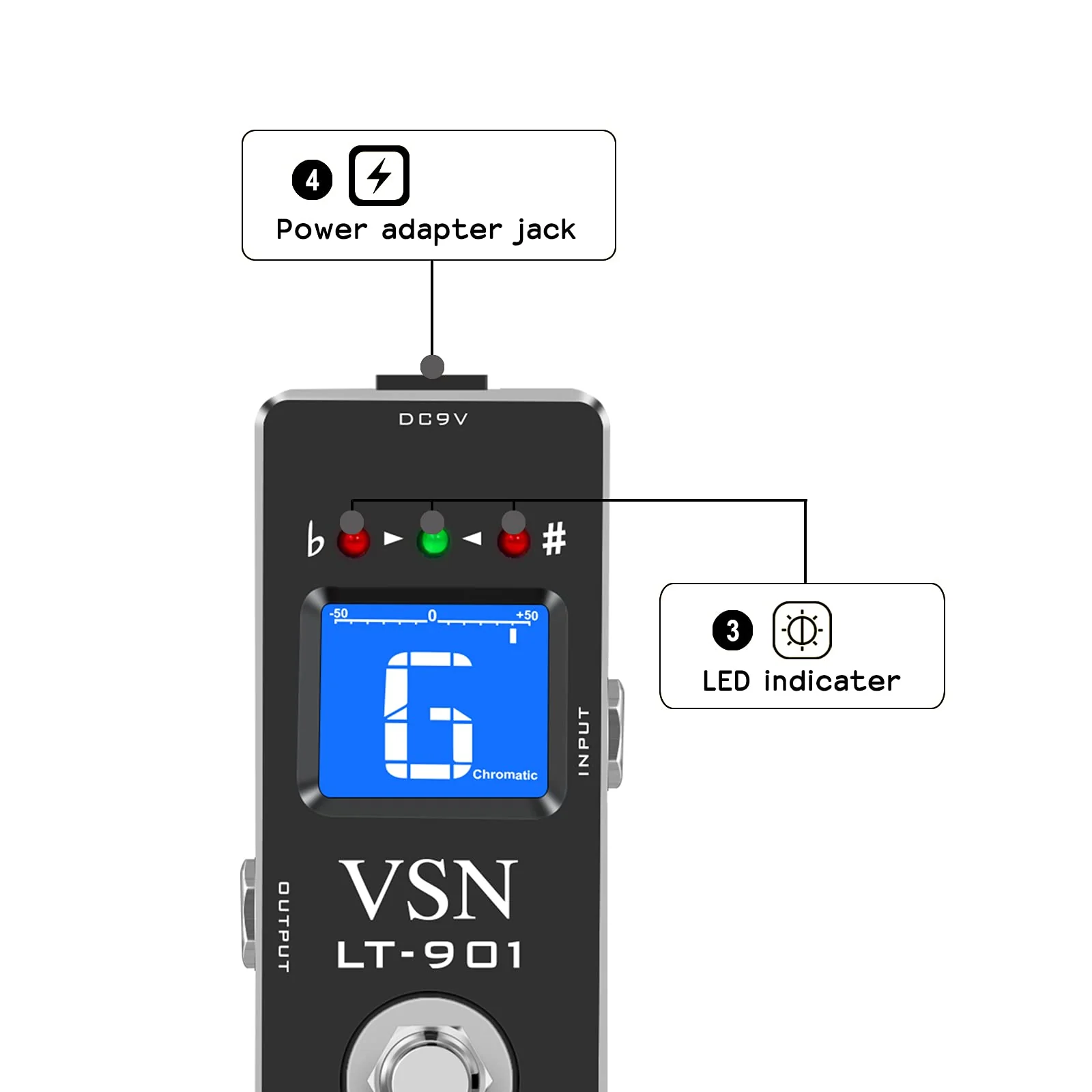 VSN Tuner Pedal,Chromatic Guitar Tuner Pedal Fast and Accuate Tuner for High Precision ± 1 Cent with Pitch Indicator for Electric Guitar and Bass True Bypass LT-901 Black Pedal Tuner - Image 3