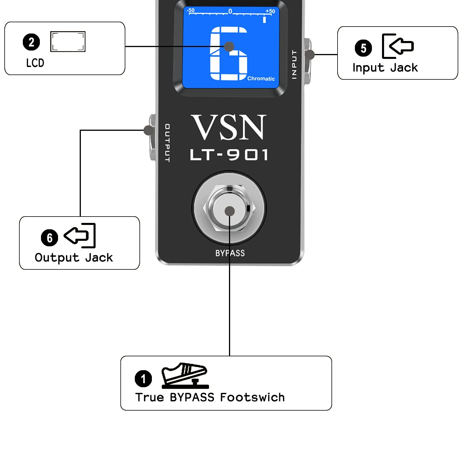 VSN Tuner Pedal,Chromatic Guitar Tuner Pedal Fast and Accuate Tuner for High Precision ± 1 Cent with Pitch Indicator for Electric Guitar and Bass True Bypass LT-901 Black Pedal Tuner - Image 4