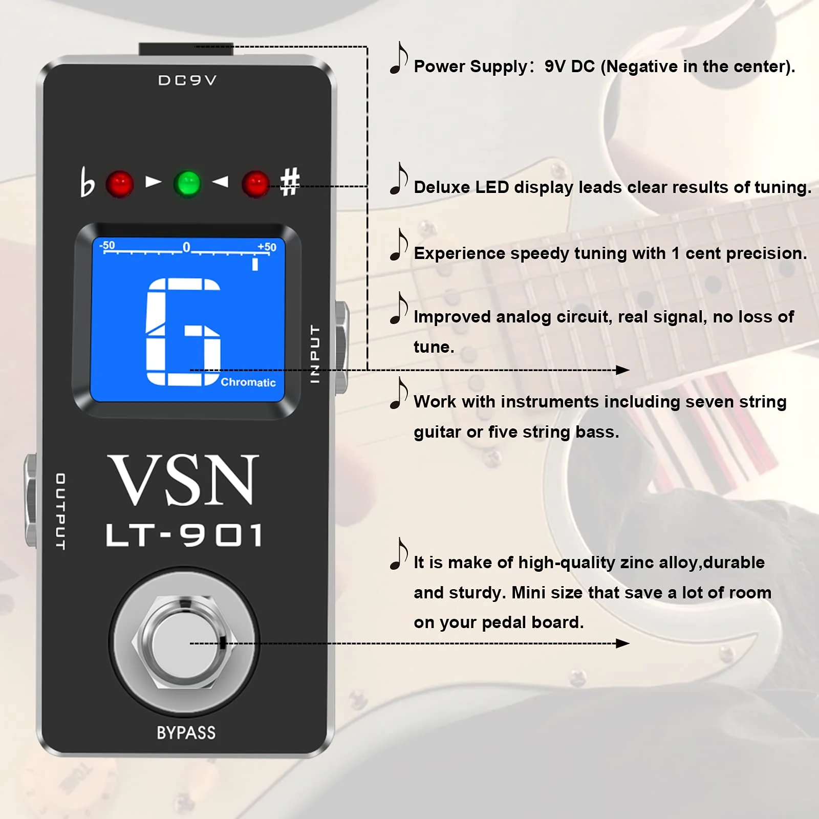 VSN Tuner Pedal,Chromatic Guitar Tuner Pedal Fast and Accuate Tuner for High Precision ± 1 Cent with Pitch Indicator for Electric Guitar and Bass True Bypass LT-901 Black Pedal Tuner - Image 5