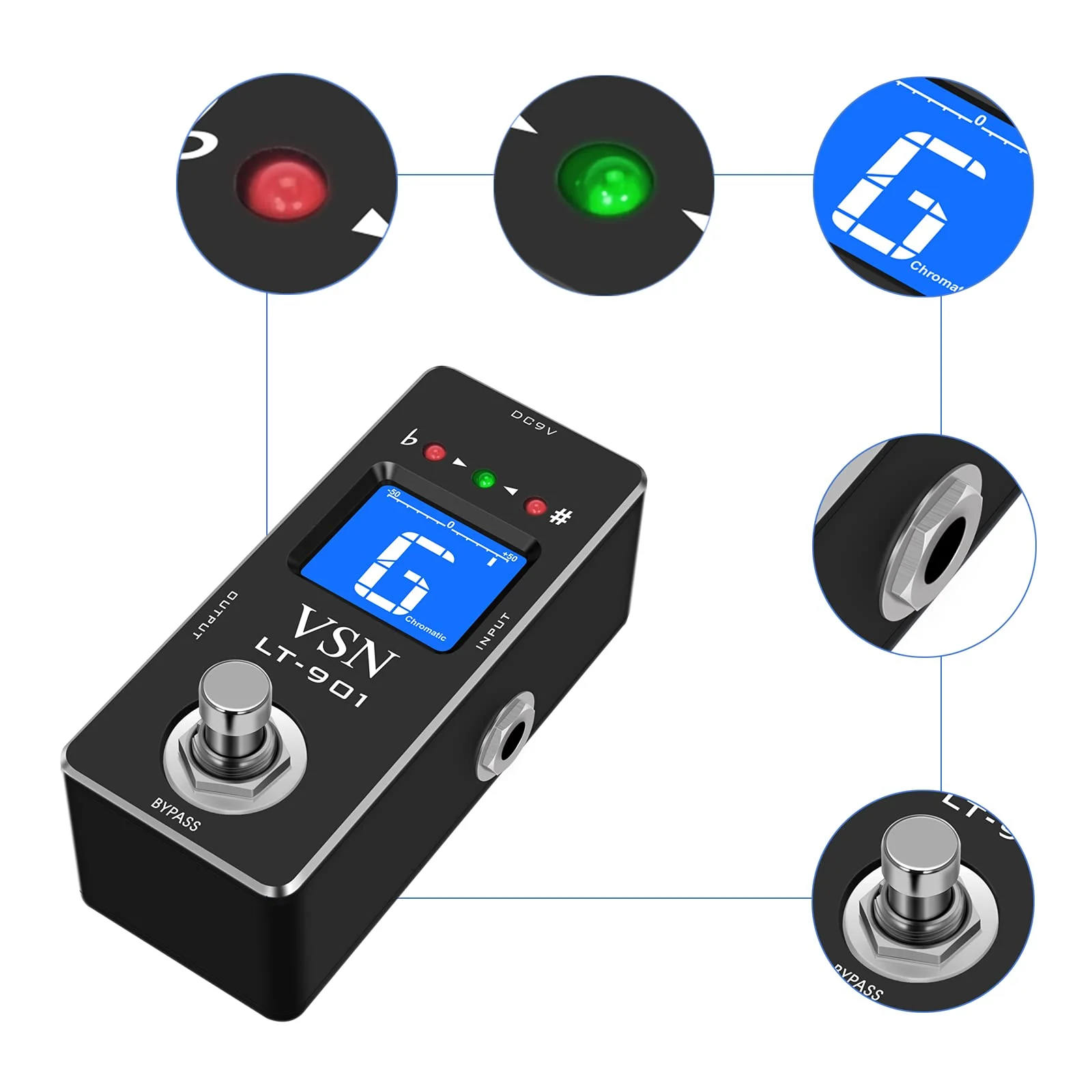 VSN Tuner Pedal,Chromatic Guitar Tuner Pedal Fast and Accuate Tuner for High Precision ± 1 Cent with Pitch Indicator for Electric Guitar and Bass True Bypass LT-901 Black Pedal Tuner - Image 6