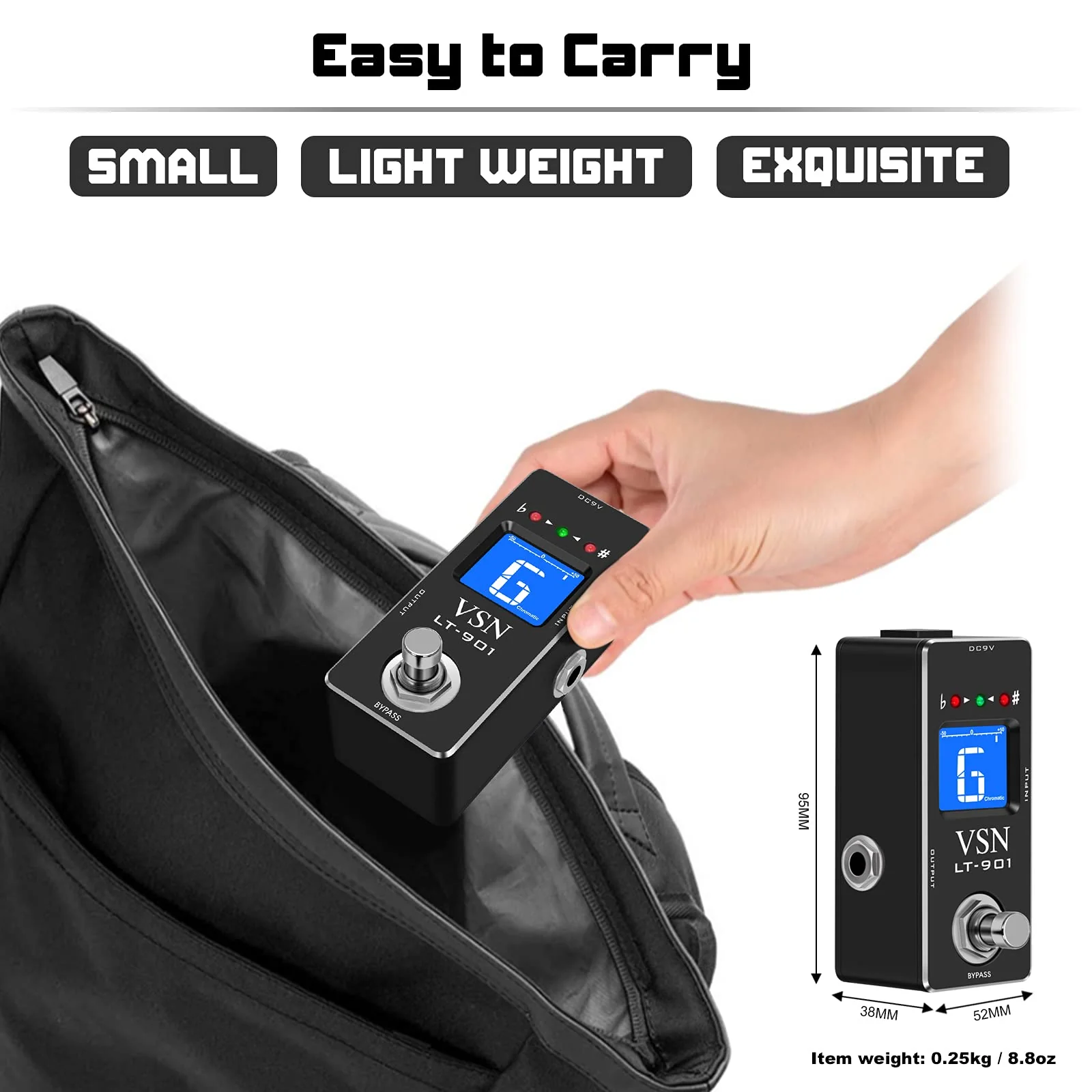 VSN Tuner Pedal,Chromatic Guitar Tuner Pedal Fast and Accuate Tuner for High Precision ± 1 Cent with Pitch Indicator for Electric Guitar and Bass True Bypass LT-901 Black Pedal Tuner - Image 7