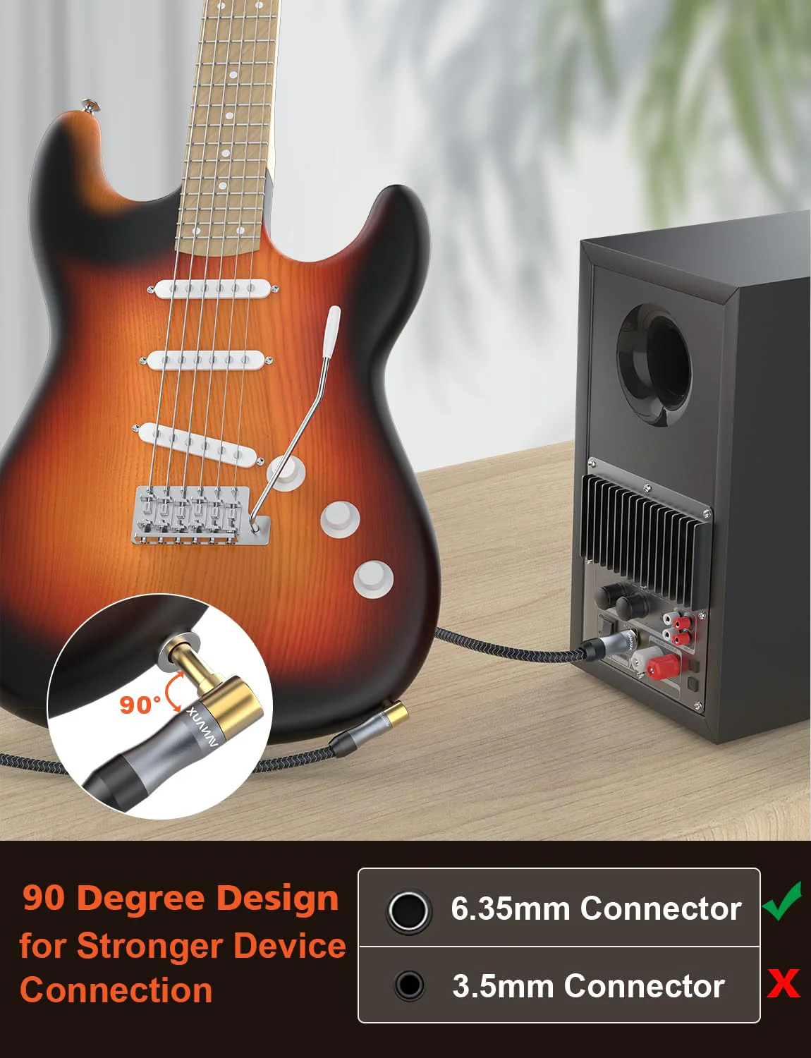 VVANAUX 1/4 Inch TS Instrument Cable,16.5FT 6.35mm Male Mono Jack Stereo Audio Cord, Unbalanced Interconnect Line for Electric Guitar, Bass, Tuner, Keyboard, Pedalboards, Piano(16.5ft/5m) 90°-16.5ft/5m - Image 3