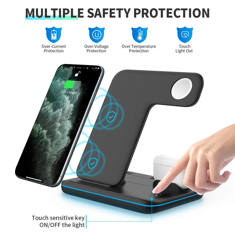 WAITIEE Wireless Charger 3 in 1, 15W Fast Charging Station for Apple iWatch SE/6/5/4/3/2/1,AirPods Pro, Compatible with iPhone 13/12/12 Pro Max/11 Series/XS Max/XR/XS/X/8/8 Plus/Samsung Galaxy (Black) Black - Image 8