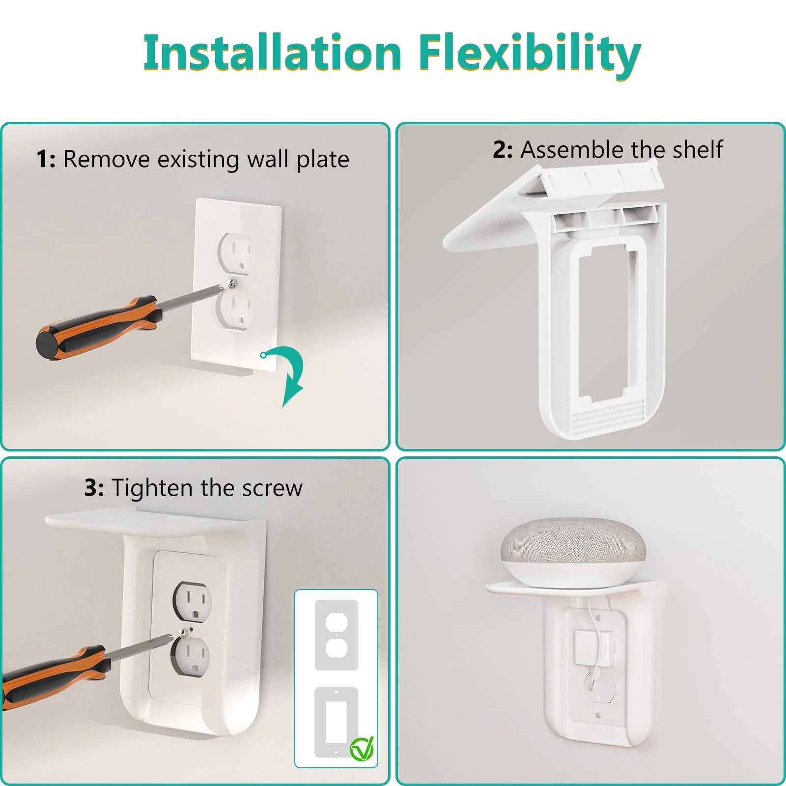 WALI Outlet Shelf Wall Holder,Bathroom Wall Shelf up to 10lbs Standard Vertical Duplex Wall Shelf Organizer for Smart Home Decor Space Saving Power Tools, Toothbrush (OLS002-W), 2 Pack, White - Image 5