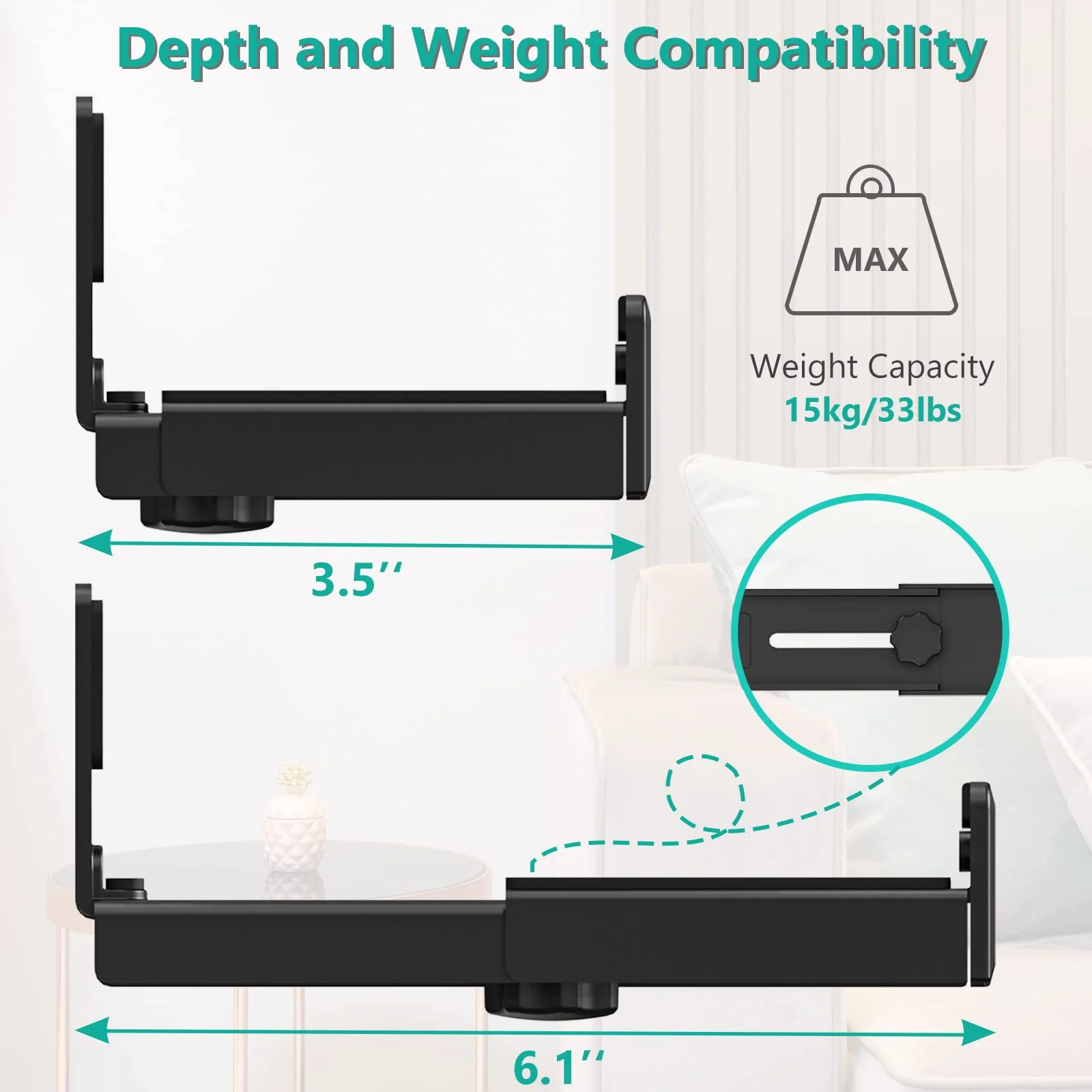 WALI Universal Soundbar Wall Mount, Center Channel Speaker Wall Mount Dual Bracket Hold up to 33 lbs, Arms Extend Adjustment from 3.5 to 6.1 inch (SLK202), Black - Image 5
