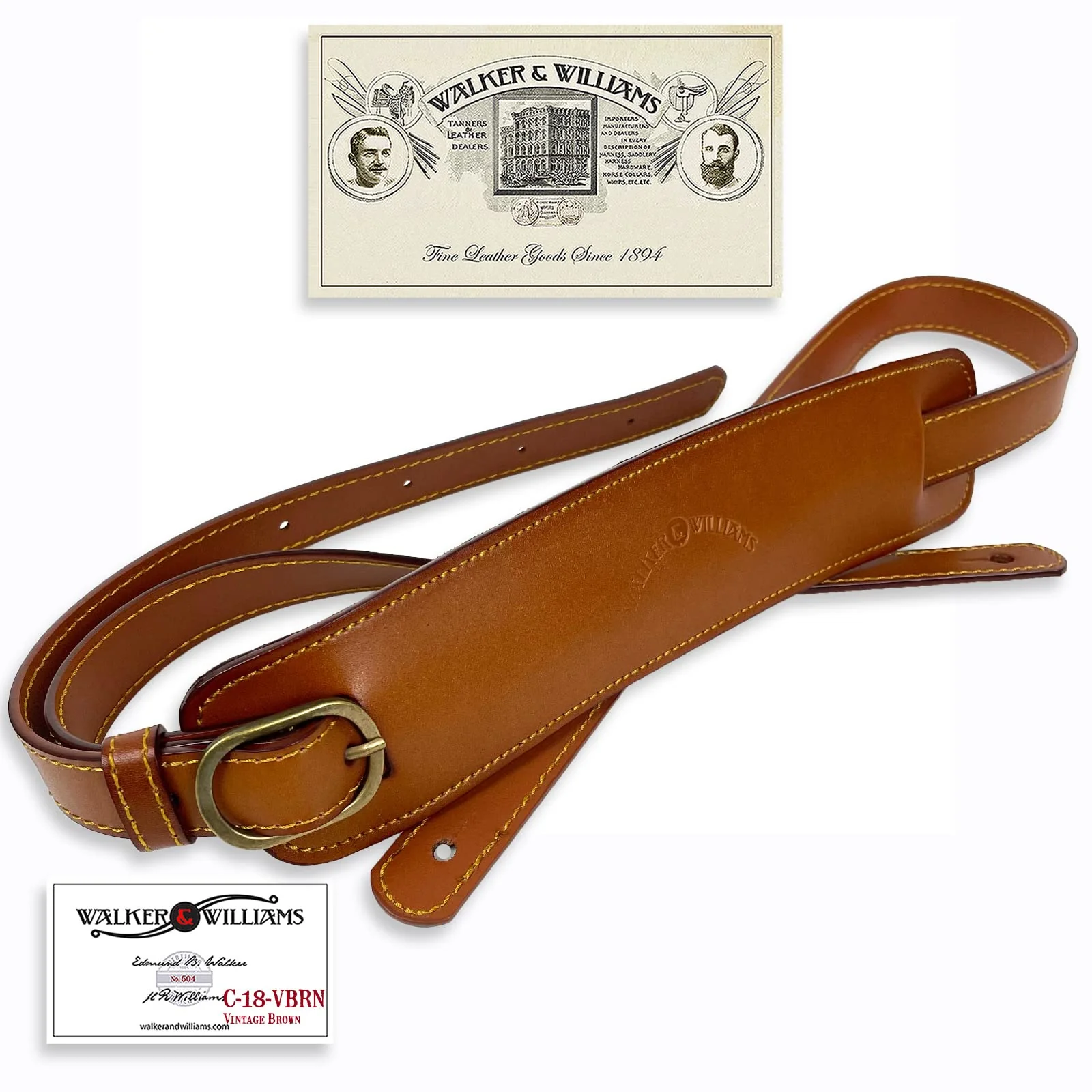 Walker And Williams C-18-VBRN Vintage Brown Premium Grain Leather Slash Guitar Strap With Deluxe Soft Suede Pad For Acoustic, Electric, And Bass Guitars - Image 9