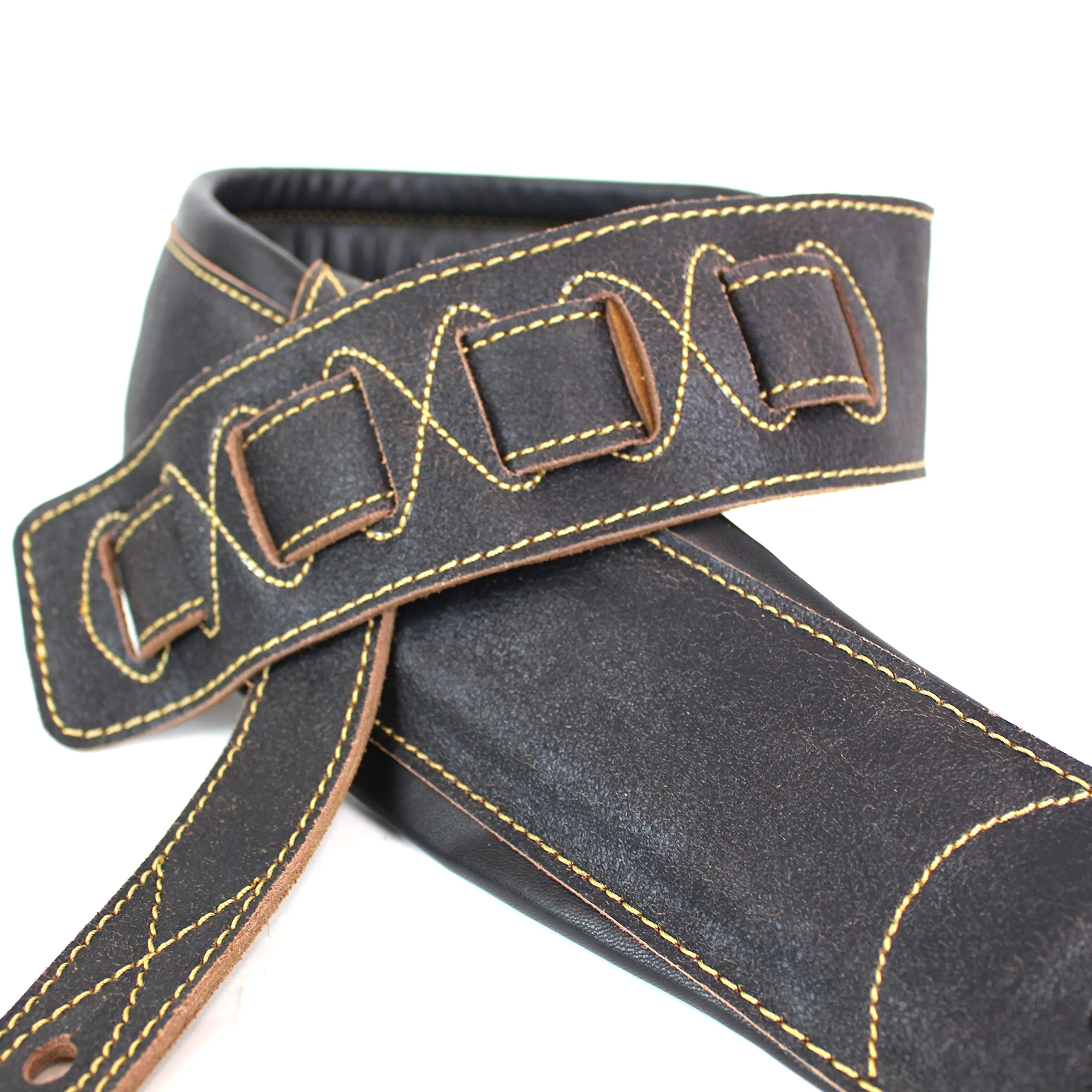 Walker And Williams C-22-DBLK Distressed Black Finish Extra Wide Double Padded Premium Thick Top Grain Leather Guitar Strap For Acoustic, Electric, And Bass Guitars - Image 2