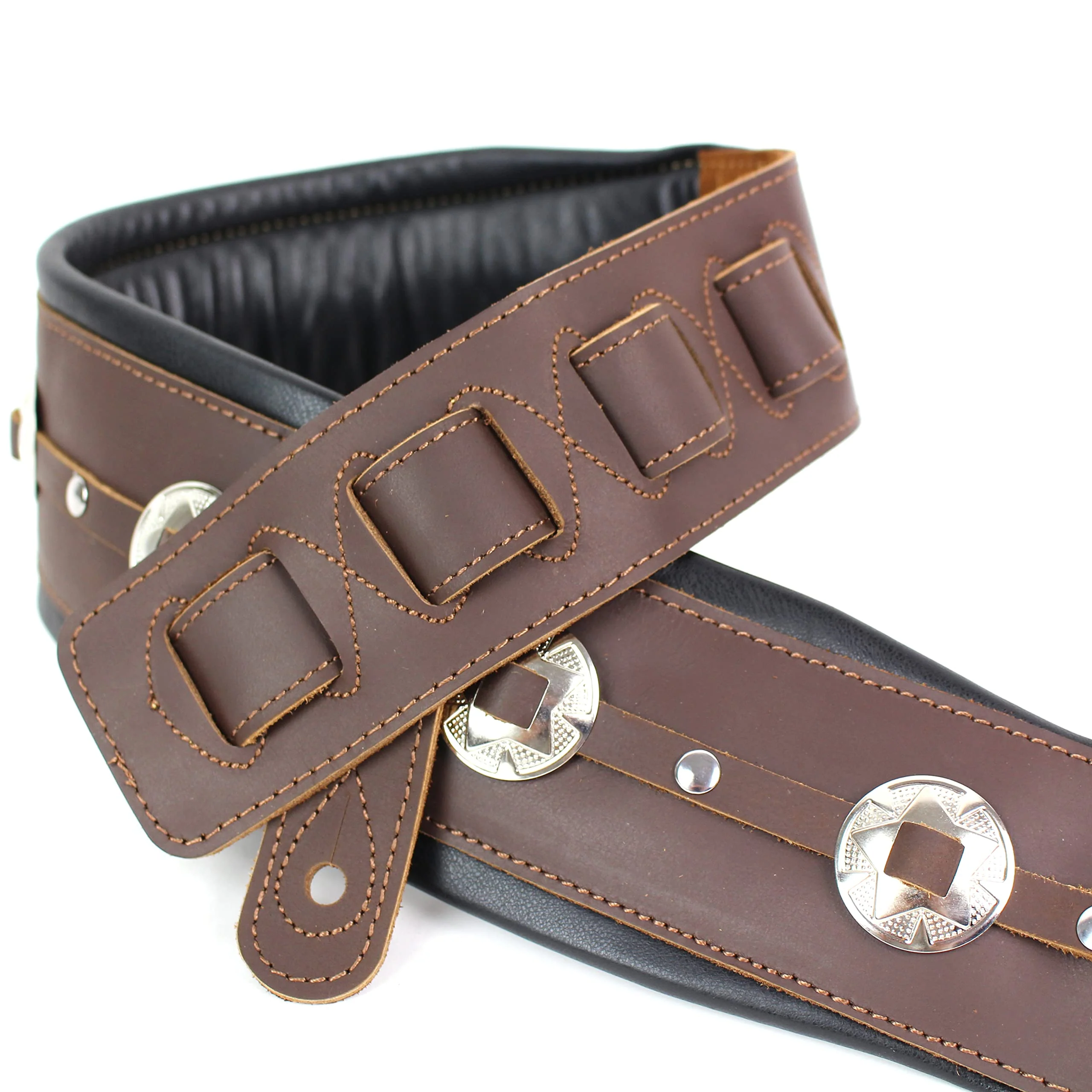 Walker And Williams C-44-BRN Handmade Brown Double Padded Premium All Grain Leather Guitar Strap with Conchos For Acoustic, Electric, And Bass Guitars - Image 2