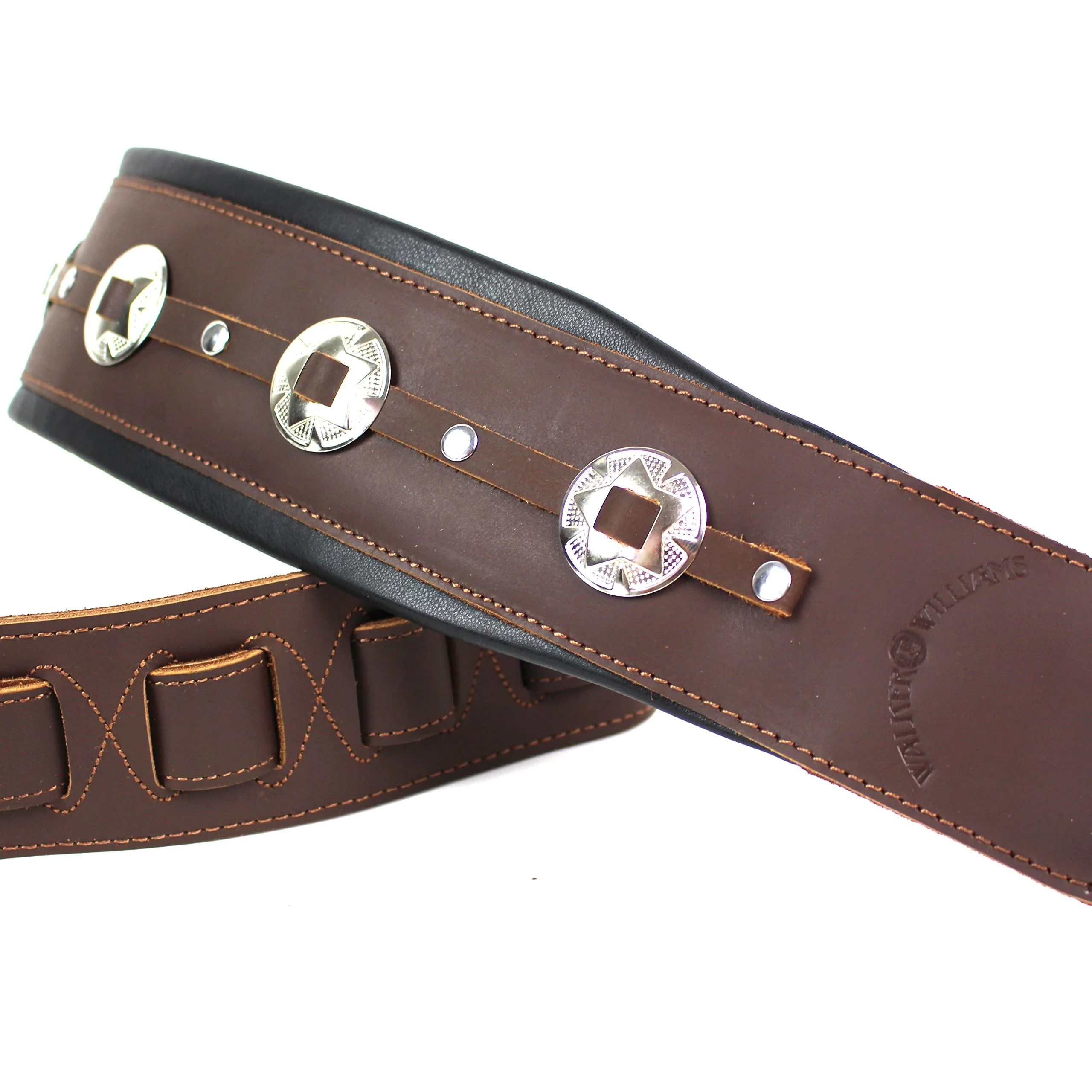 Walker And Williams C-44-BRN Handmade Brown Double Padded Premium All Grain Leather Guitar Strap with Conchos For Acoustic, Electric, And Bass Guitars - Image 3