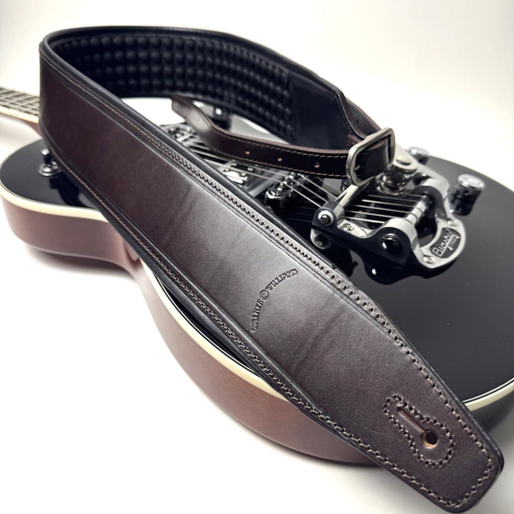 Walker And Williams FPB-43 Super Premium Full Length Grain Leather Air Cell Neoprene Backed Guitar Strap In Dark Hickory Brown Finish, Aged Nickel Buckle For Acoustic, Electric, And Bass Guitars. - Image 2