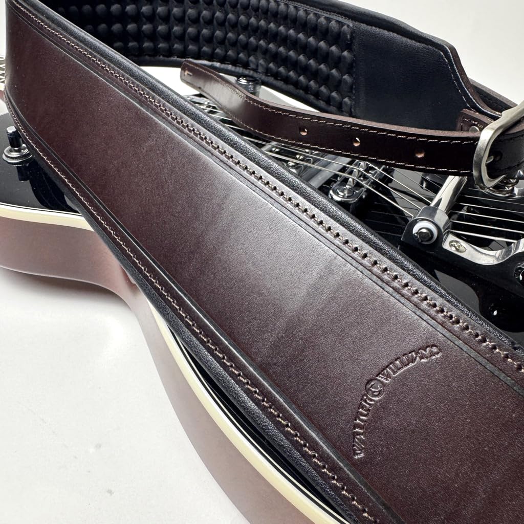 Walker And Williams FPB-43 Super Premium Full Length Grain Leather Air Cell Neoprene Backed Guitar Strap In Dark Hickory Brown Finish, Aged Nickel Buckle For Acoustic, Electric, And Bass Guitars. - Image 5