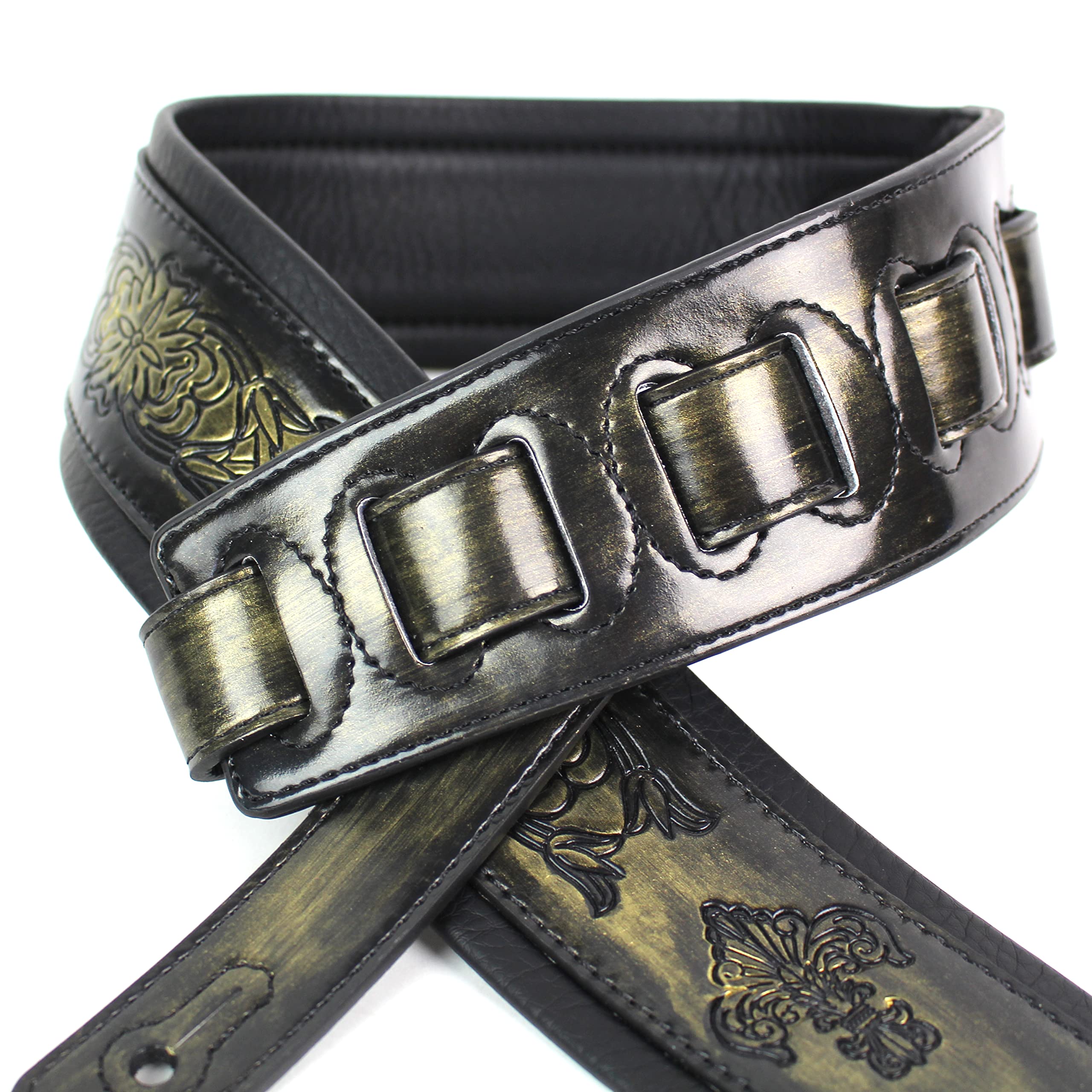 Walker and Williams GB-24 Brushed Gold Padded Guitar Strap with Fleur De Lis & French Chain Design for Acoustic, Electric, and Bass Guitars - Image 2
