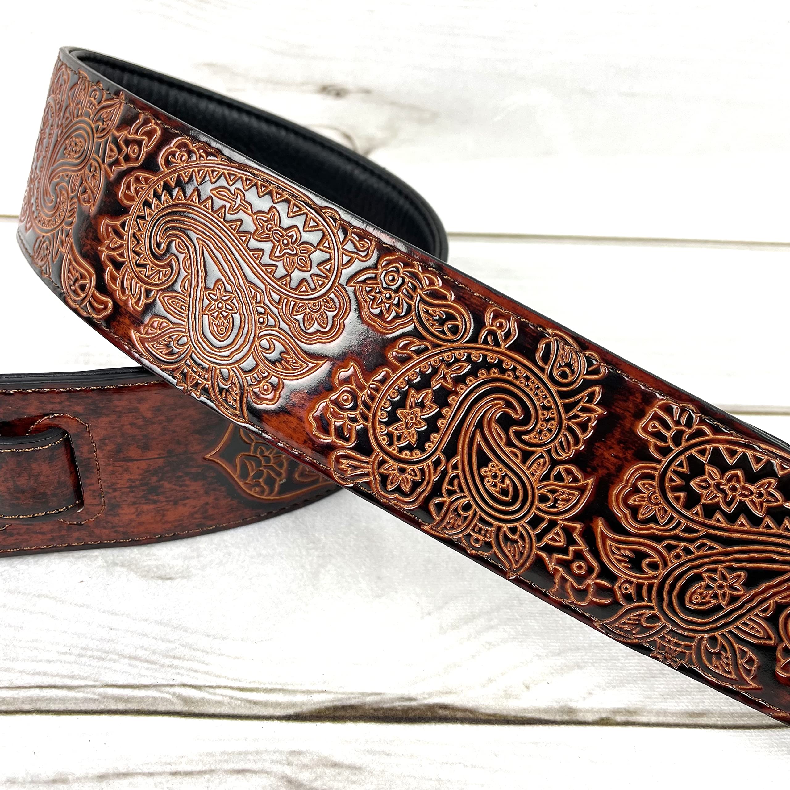 Walker And Williams GB-32 Handmade Bourbon Brown Padded Guitar Strap with Vintage Paisley Pattern For Acoustic, Electric, And Bass Guitars - Image 2