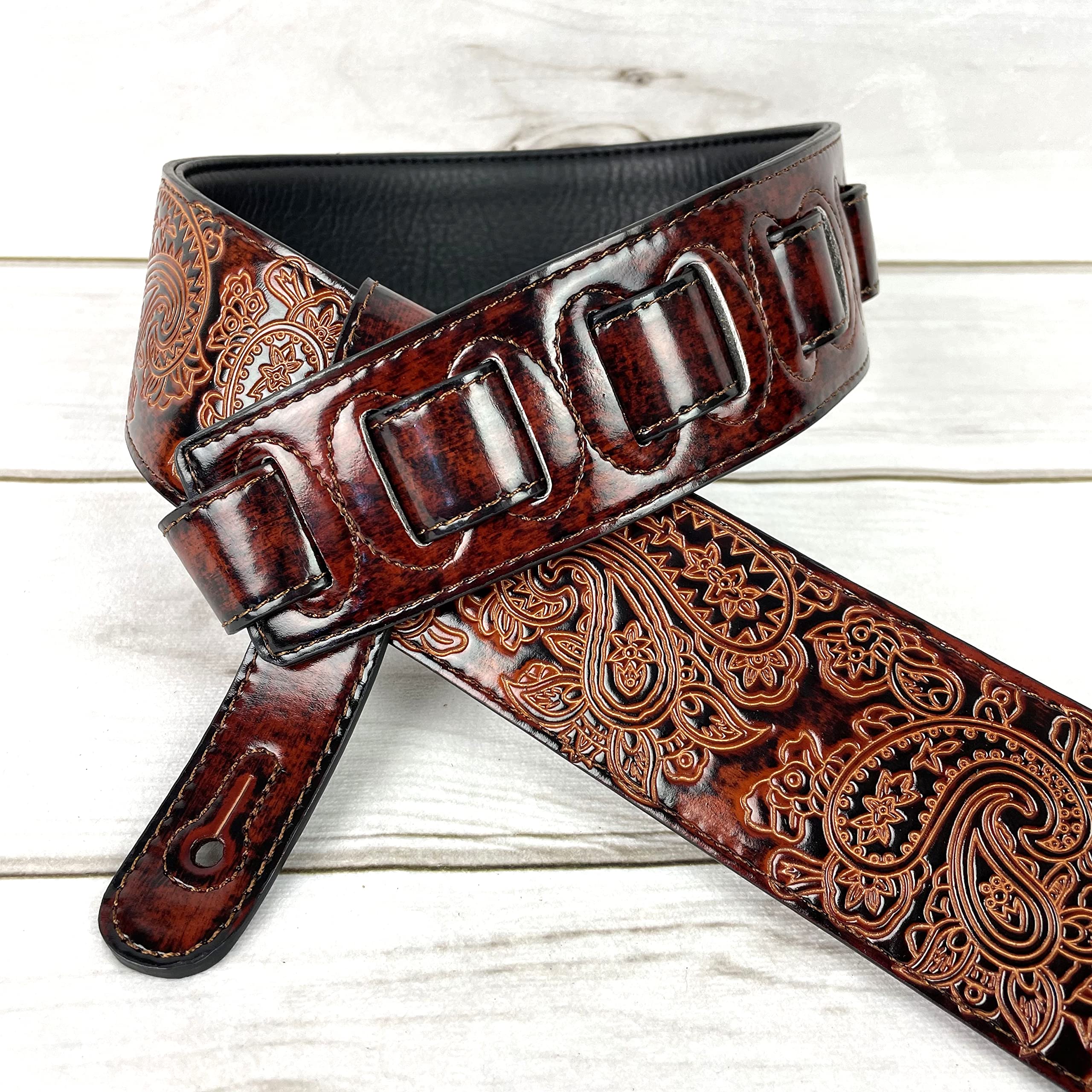 Walker And Williams GB-32 Handmade Bourbon Brown Padded Guitar Strap with Vintage Paisley Pattern For Acoustic, Electric, And Bass Guitars - Image 3