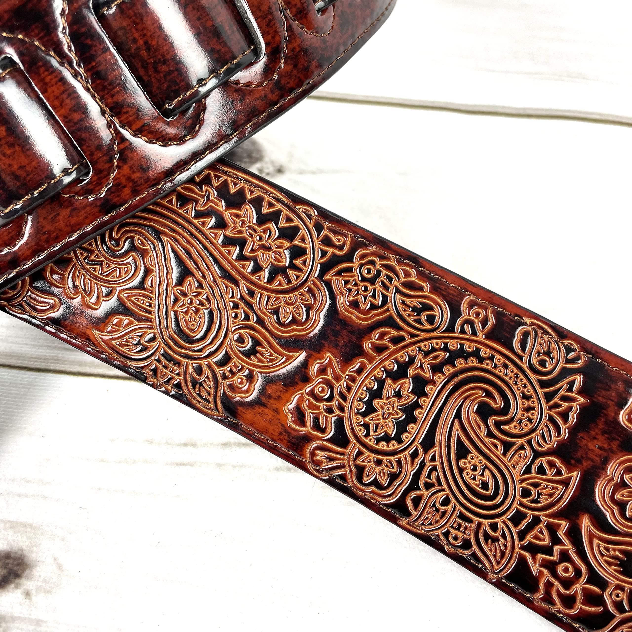 Walker And Williams GB-32 Handmade Bourbon Brown Padded Guitar Strap with Vintage Paisley Pattern For Acoustic, Electric, And Bass Guitars - Image 4