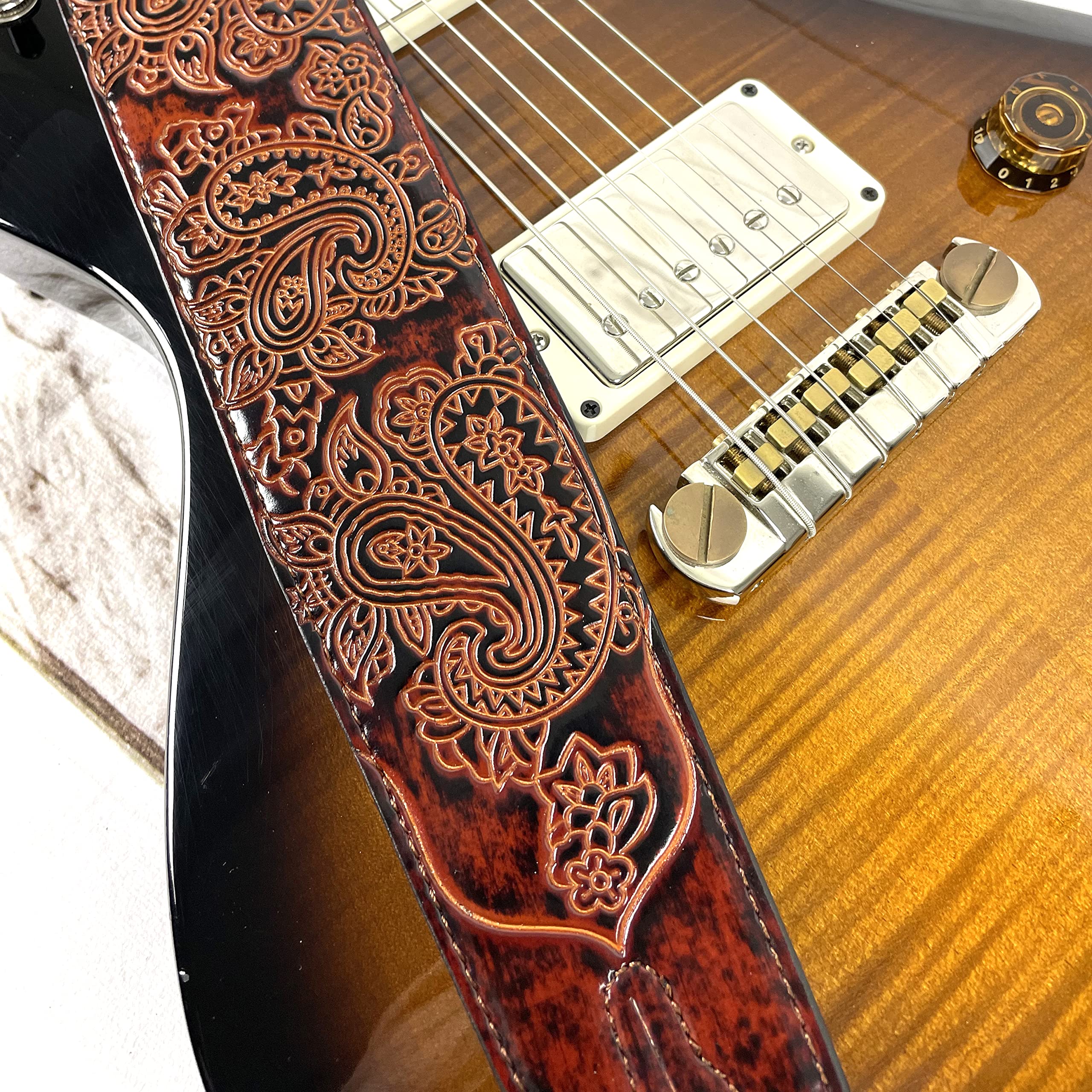 Walker And Williams GB-32 Handmade Bourbon Brown Padded Guitar Strap with Vintage Paisley Pattern For Acoustic, Electric, And Bass Guitars - Image 6