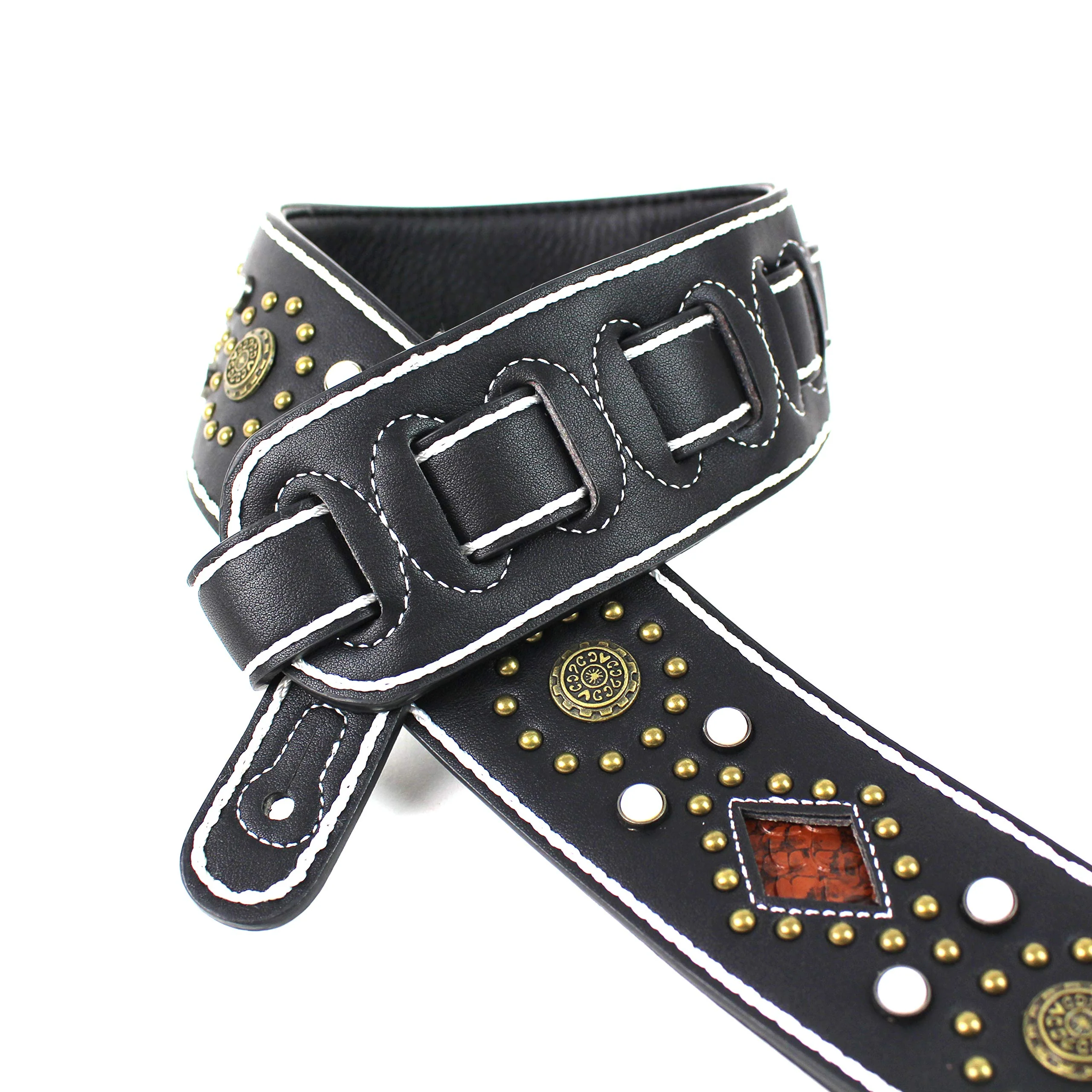 Walker And Williams GTR-20-WHT Sedona Special Premium Black Padded Guitar Strap With White Stitching Brass Studs & Rivets For Acoustic, Electric, And Bass Guitars - Image 2