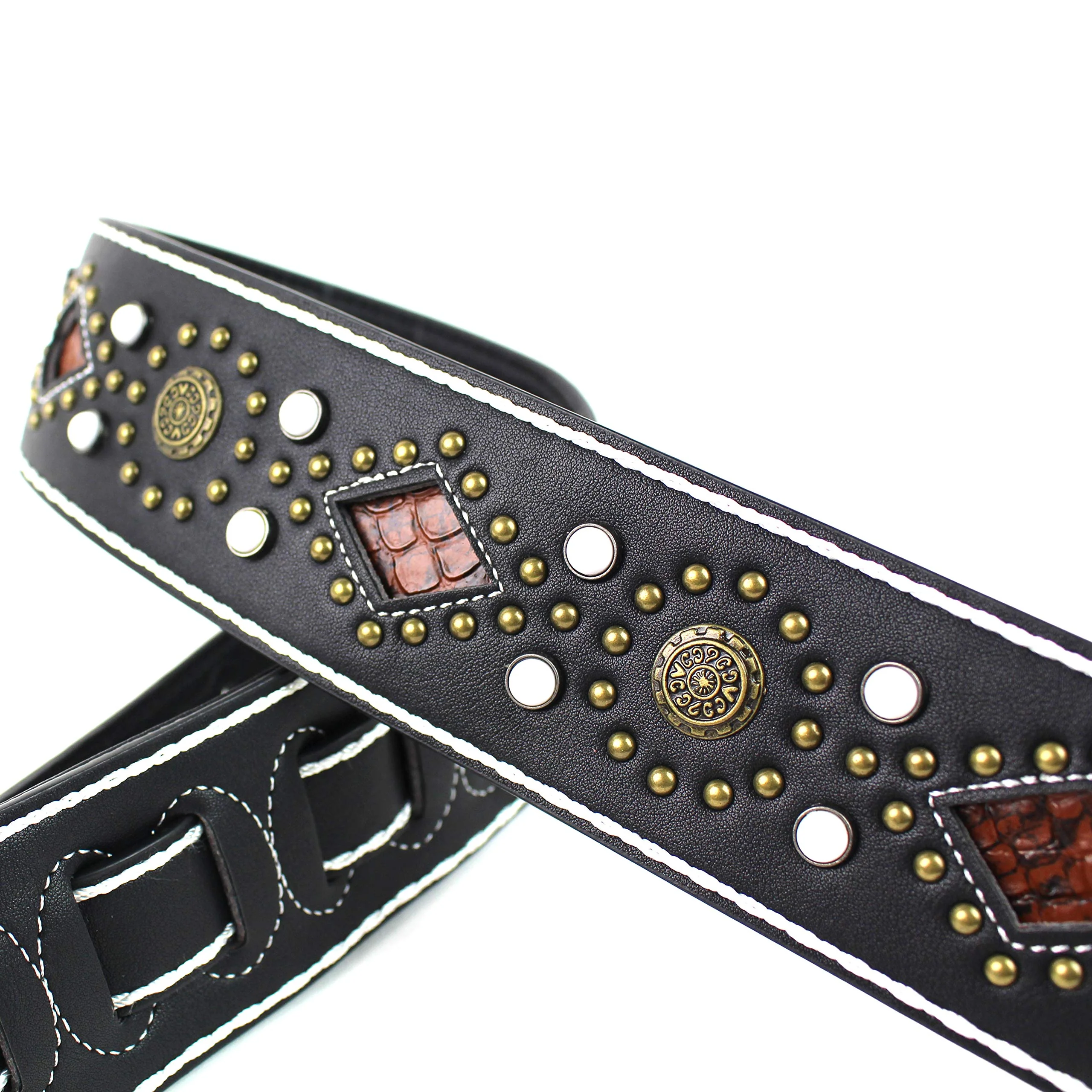 Walker And Williams GTR-20-WHT Sedona Special Premium Black Padded Guitar Strap With White Stitching Brass Studs & Rivets For Acoustic, Electric, And Bass Guitars - Image 3