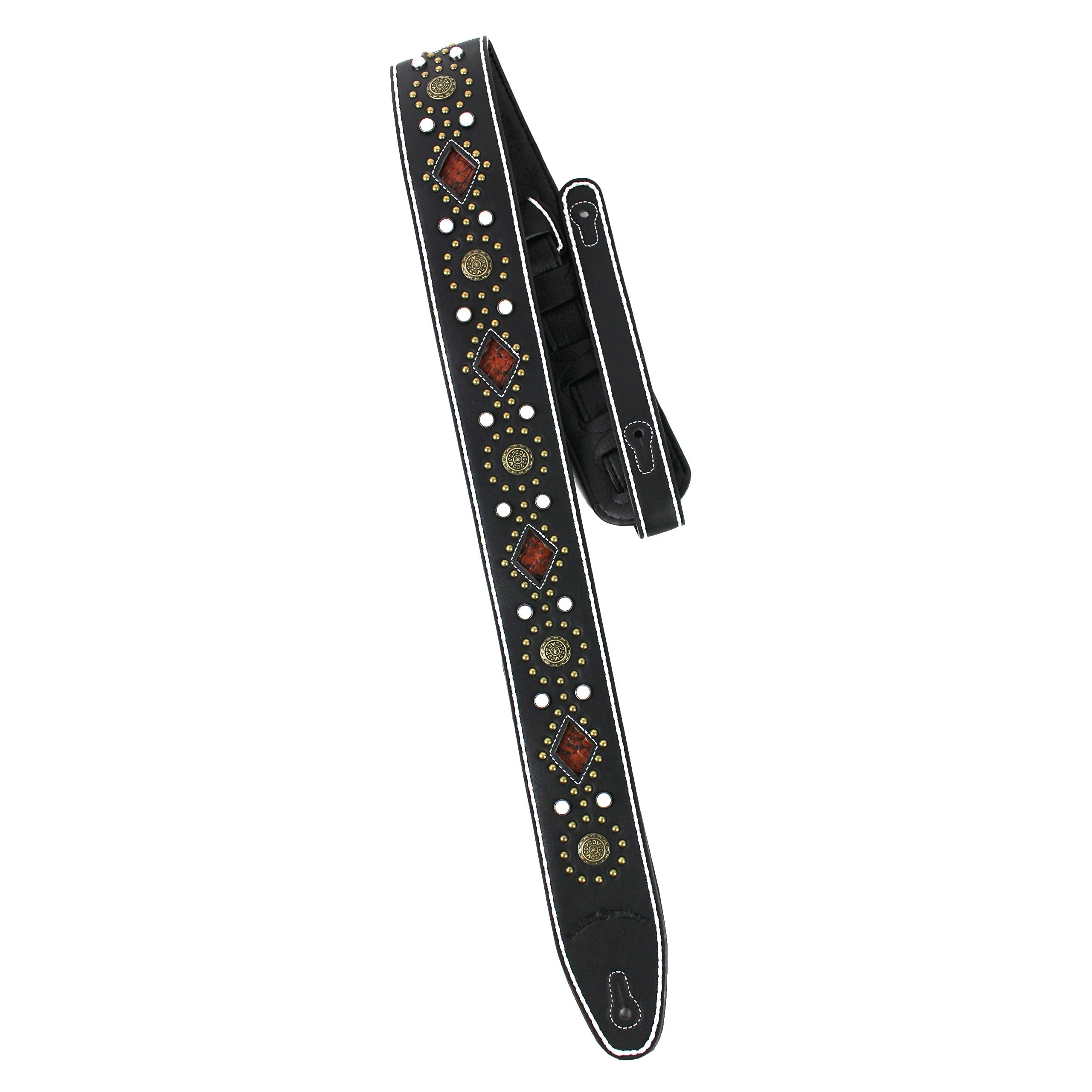 Walker And Williams GTR-20-WHT Sedona Special Premium Black Padded Guitar Strap With White Stitching Brass Studs & Rivets For Acoustic, Electric, And Bass Guitars - Image 4
