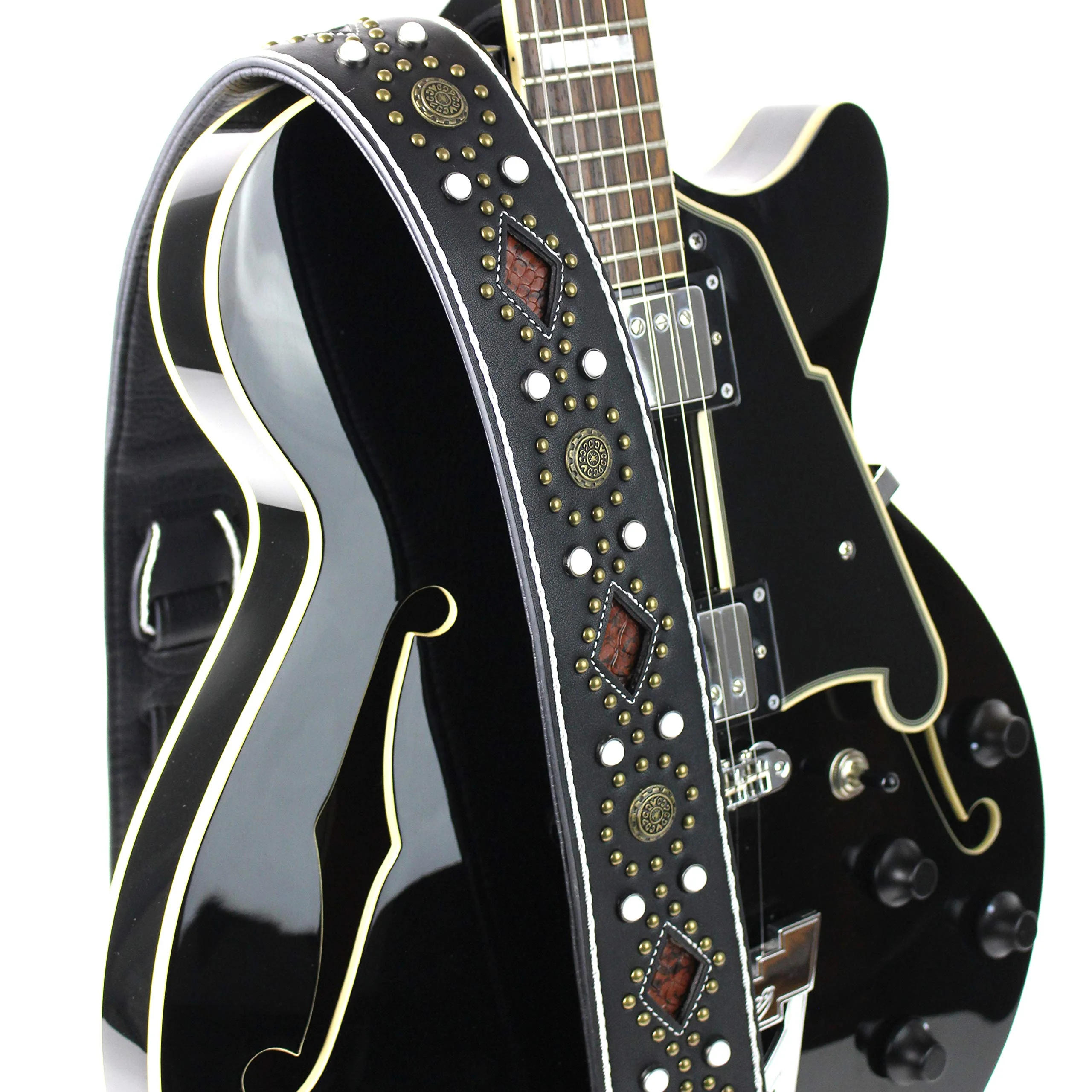Walker And Williams GTR-20-WHT Sedona Special Premium Black Padded Guitar Strap With White Stitching Brass Studs & Rivets For Acoustic, Electric, And Bass Guitars - Image 5