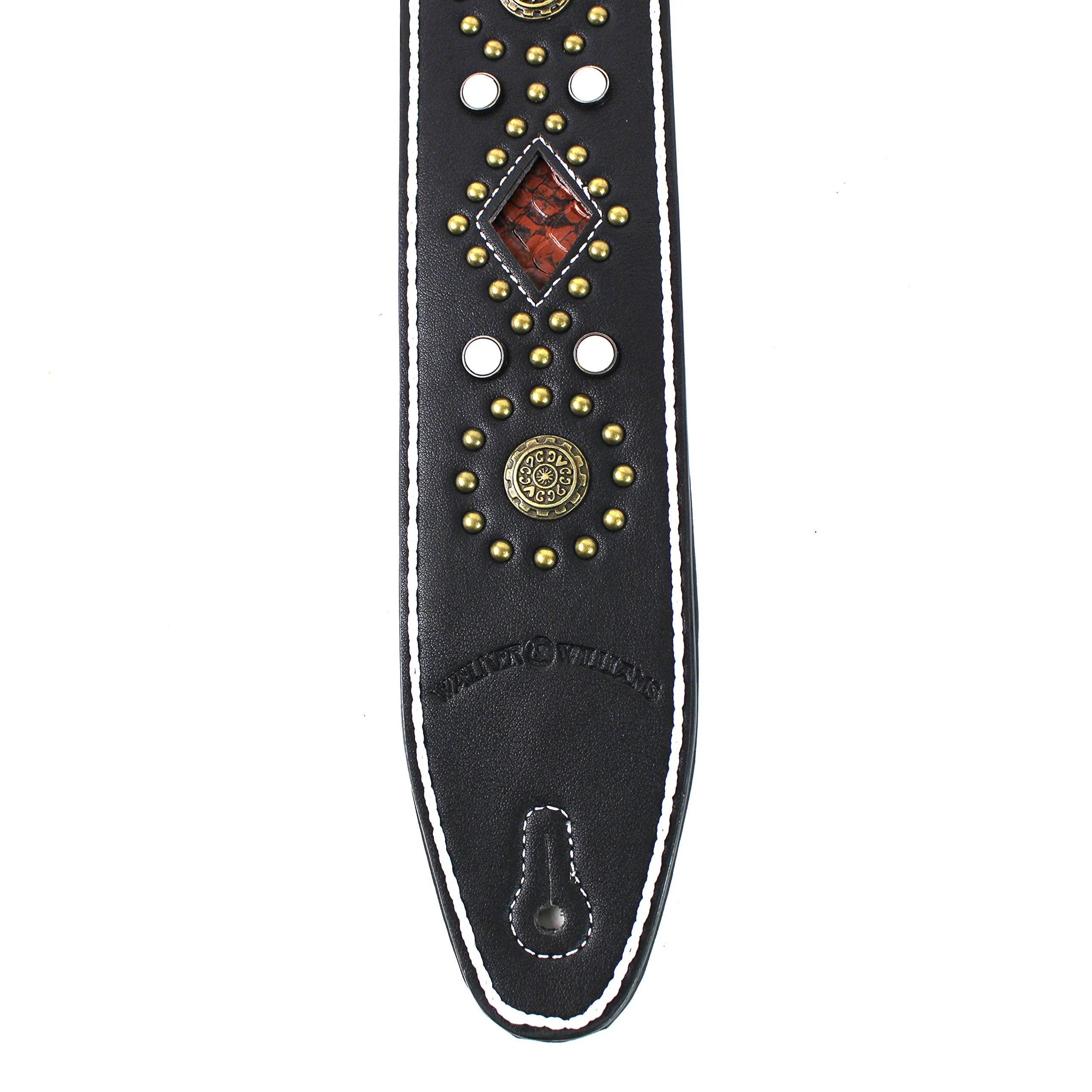 Walker And Williams GTR-20-WHT Sedona Special Premium Black Padded Guitar Strap With White Stitching Brass Studs & Rivets For Acoustic, Electric, And Bass Guitars - Image 6